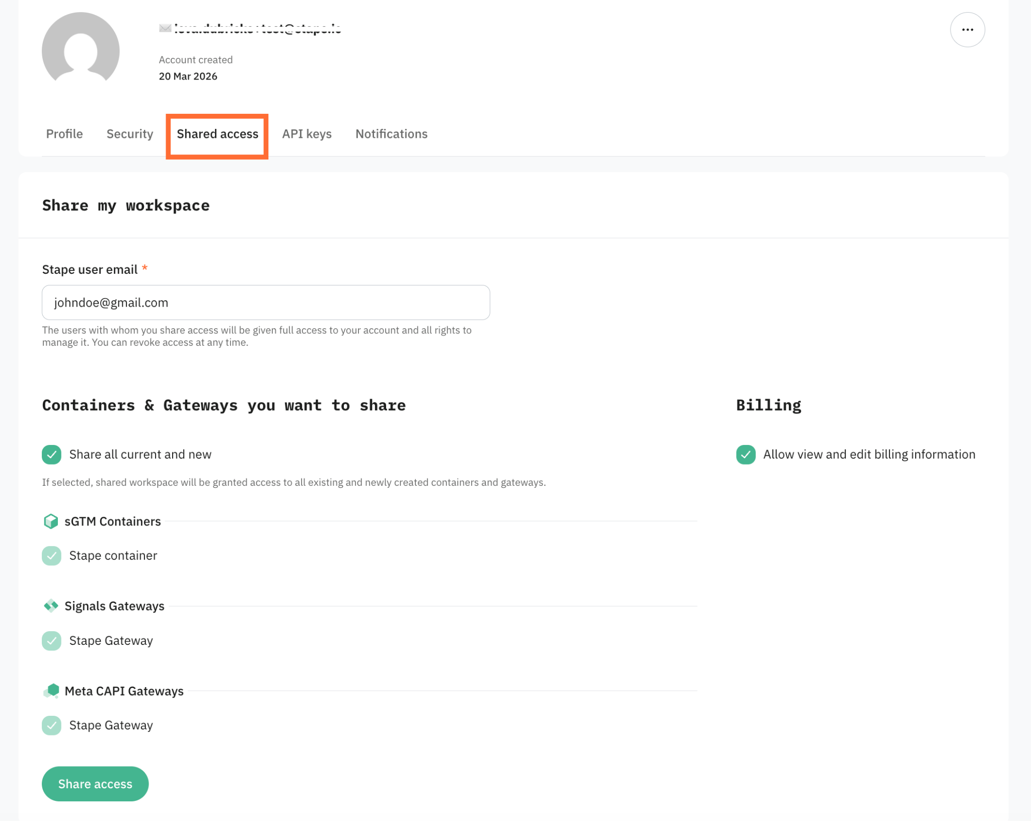 "Shared access" tab