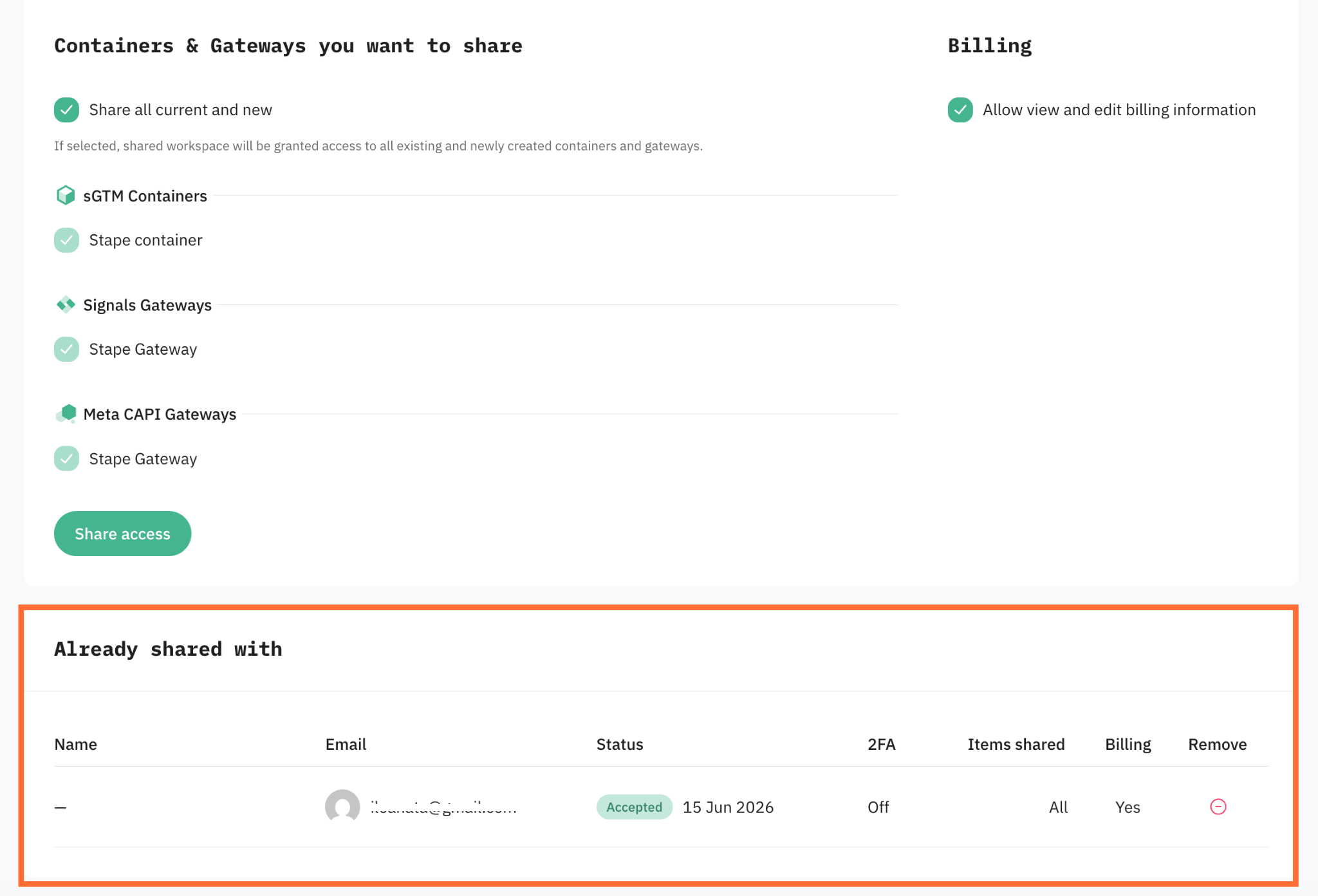 "Already shared with" section