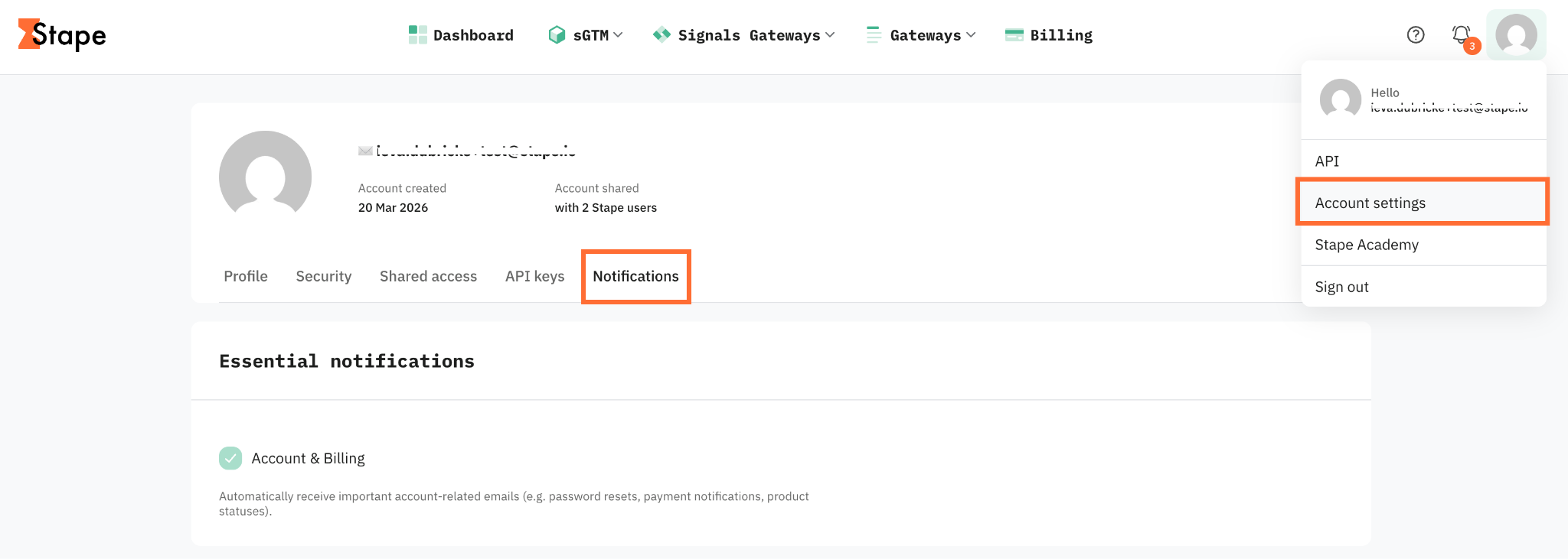 "Notifications" tab in Account settings