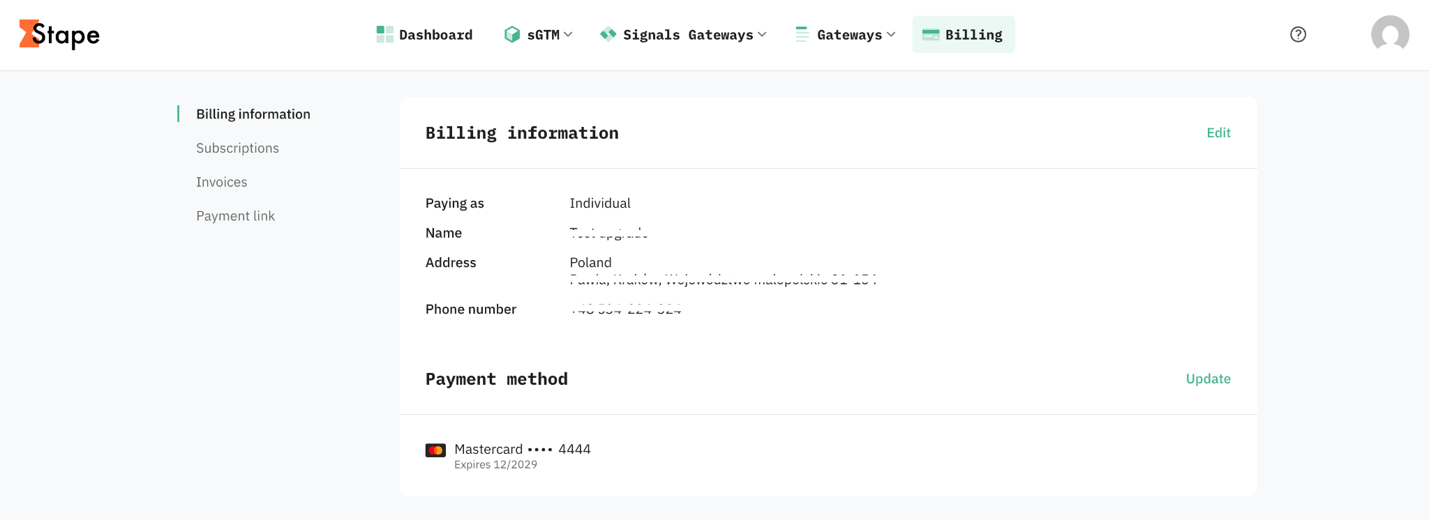 Billing section