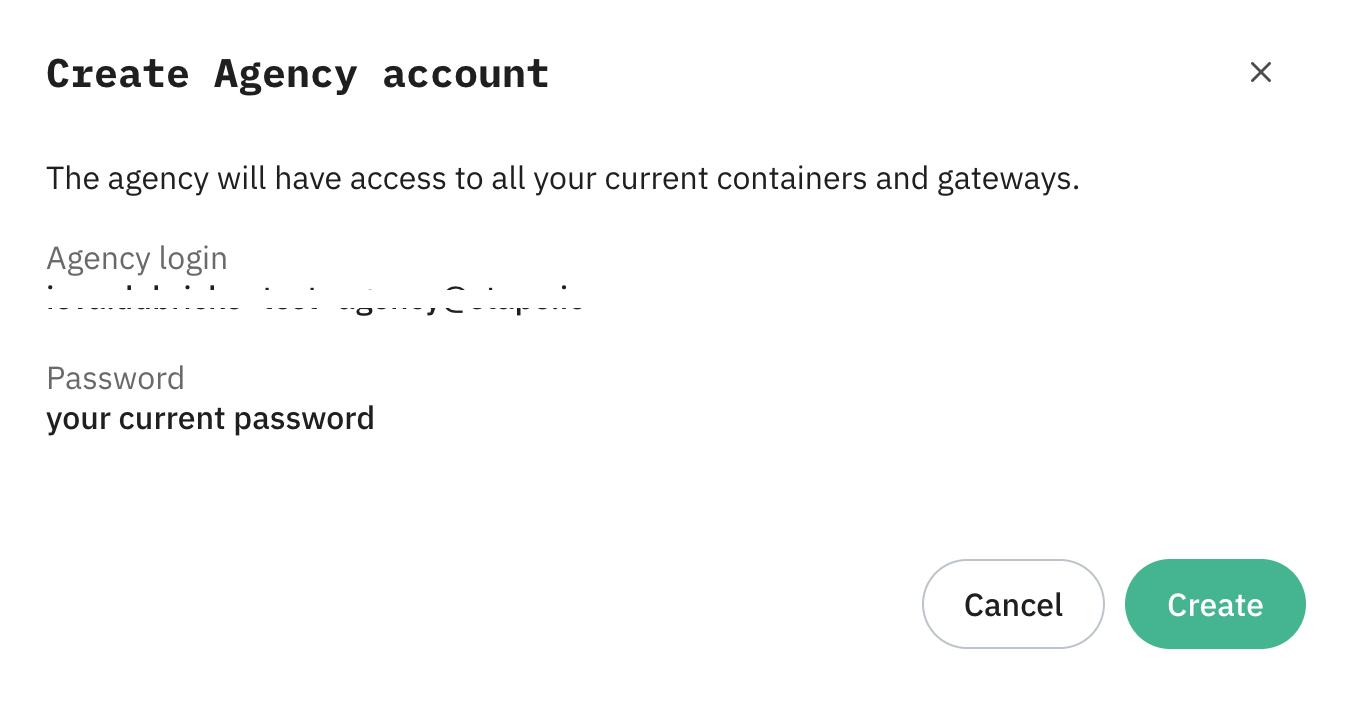 "Create Agency account" pop-up