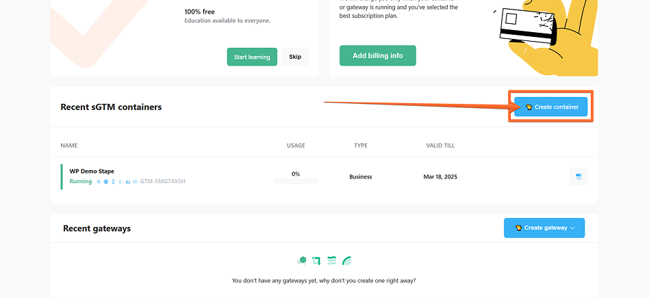 Log in to your stape.io account and click the Create container button