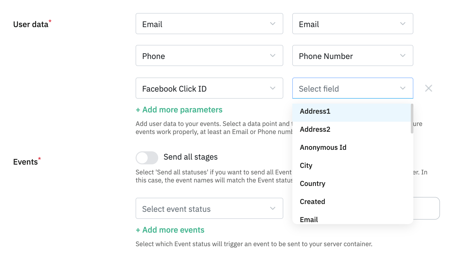 User data configuration