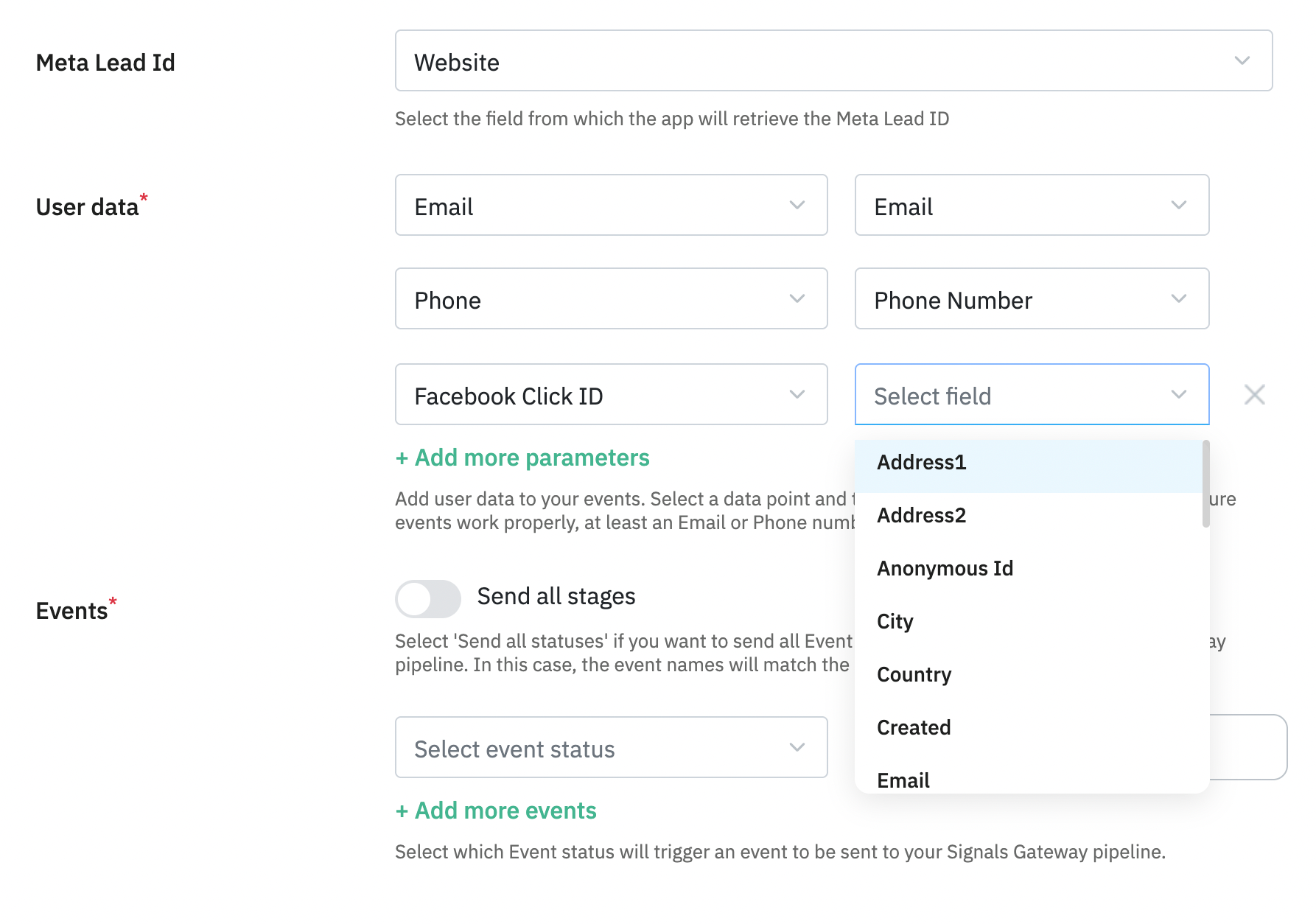 User data configuration