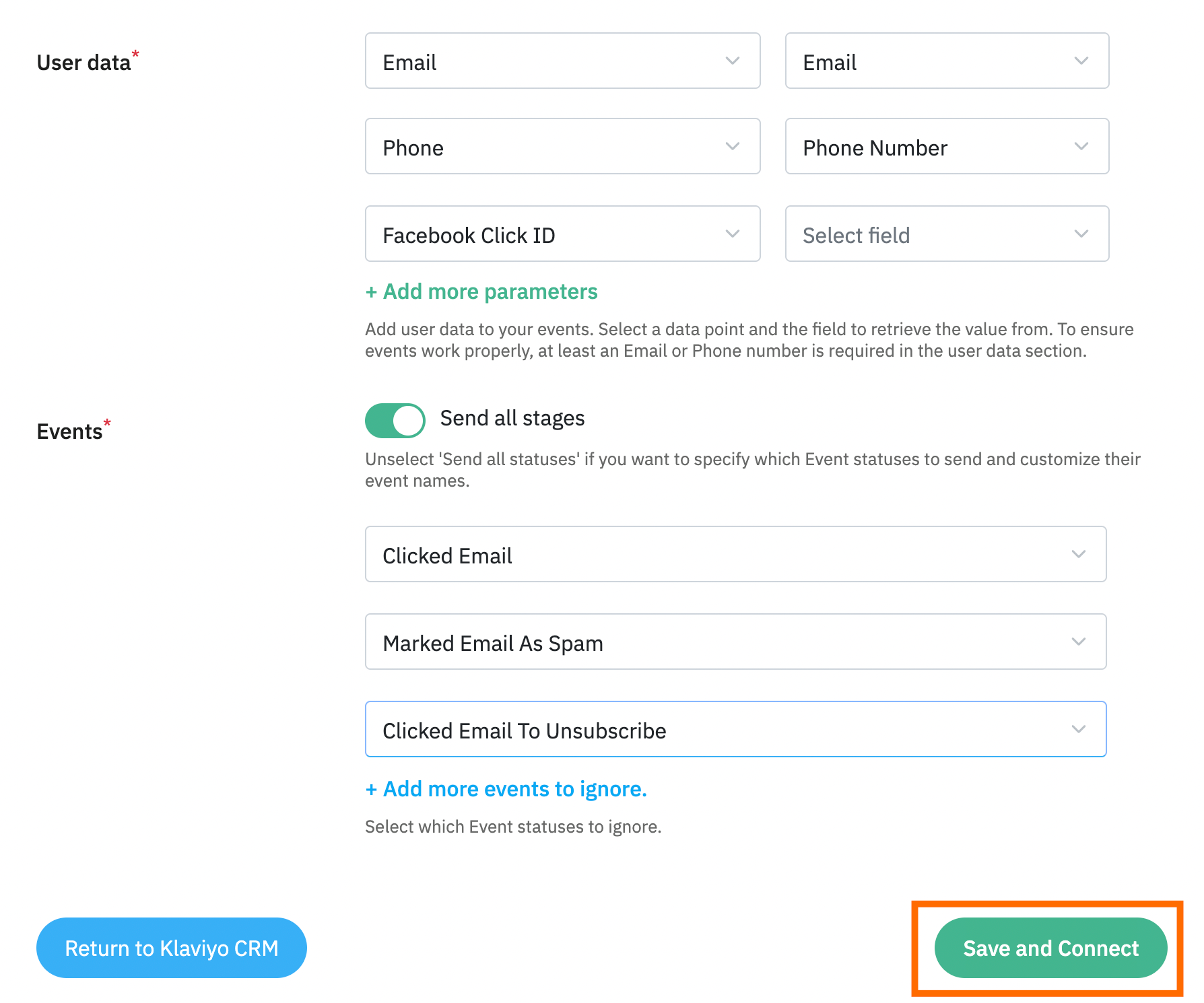 "Save and Connect" button