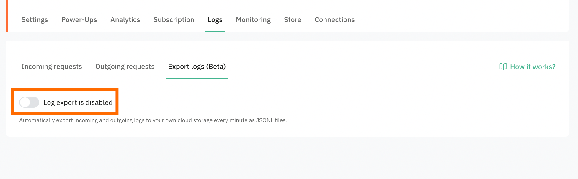 Open your Stape container → navigate to Logs → Export logs tab → enable Log export.