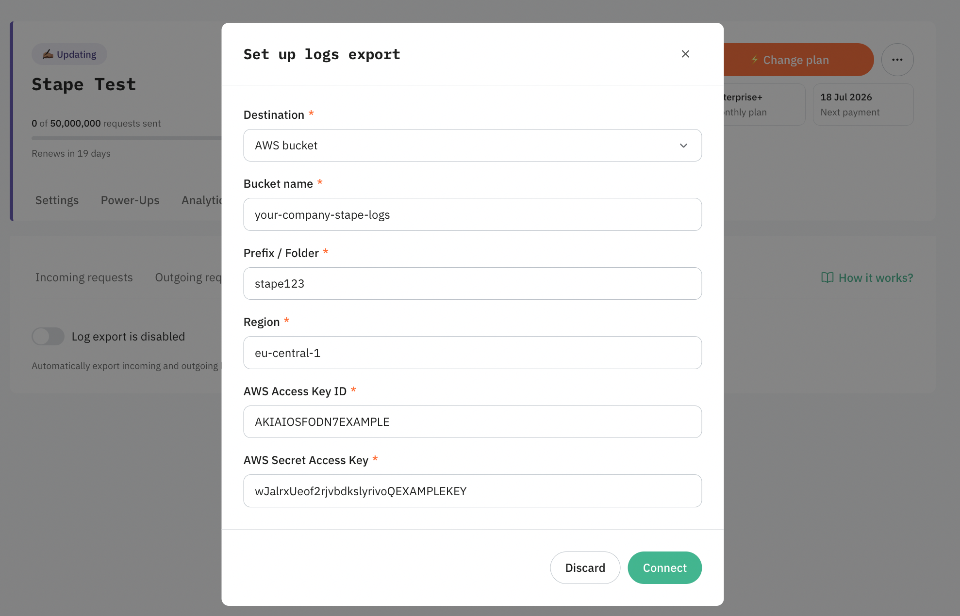 Stape will verify the connection. Once successful, your logs will be sent to the AWS S3 bucket.