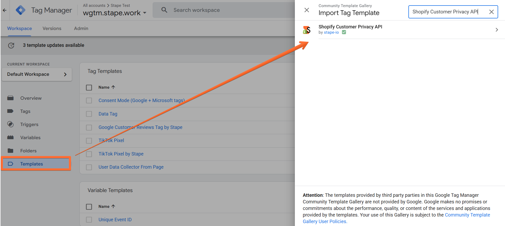 Add the Shopify Customer Privacy API tag template