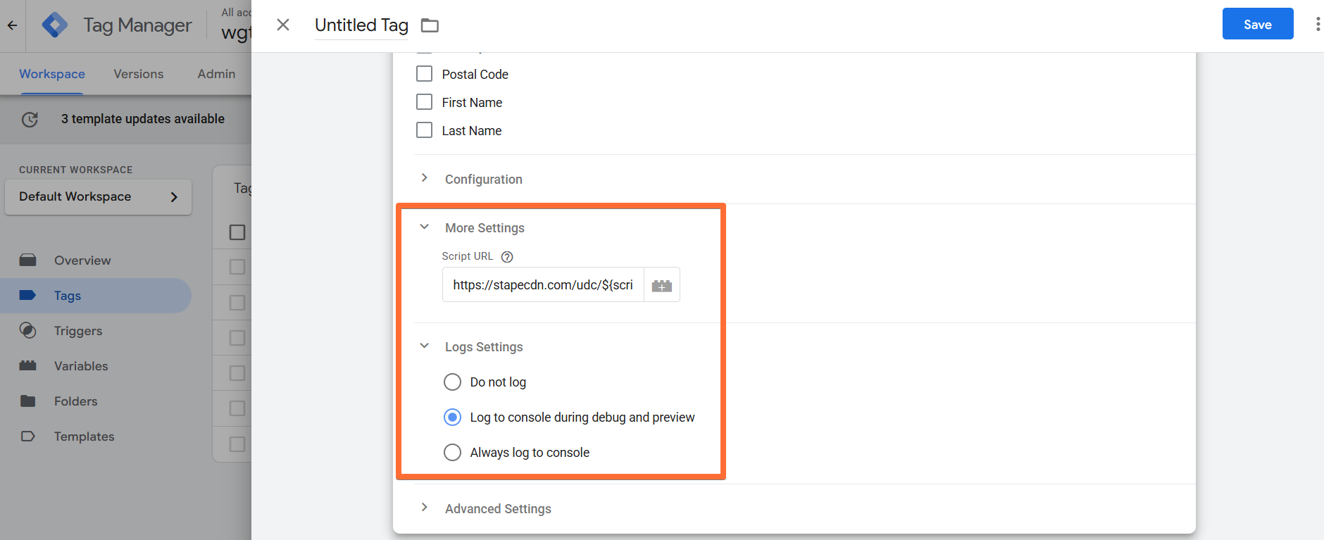 More Settings and Logs Settings