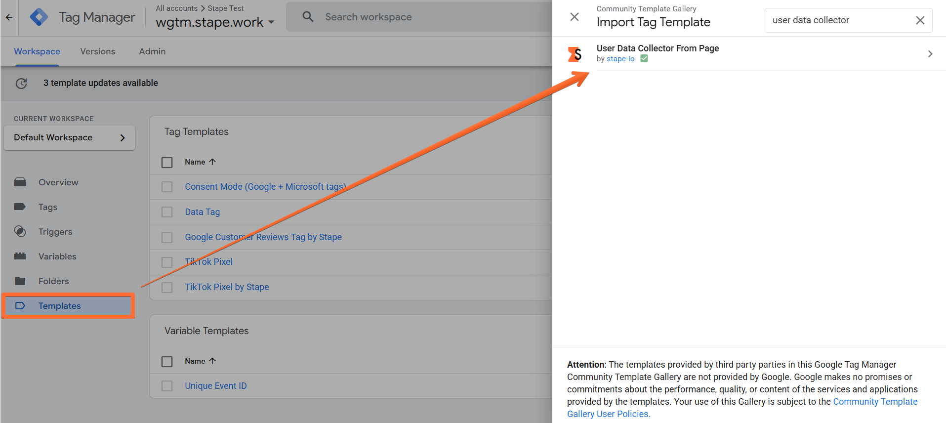 User Data Collector tag template