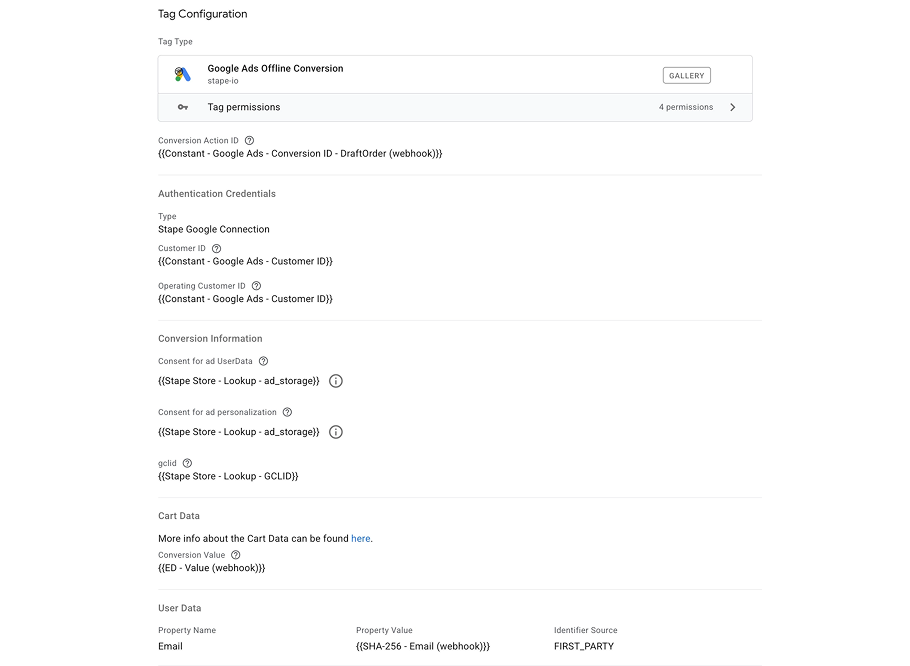 The Google Ads offline conversions tag, using the looked-up GCLID and the real order value.