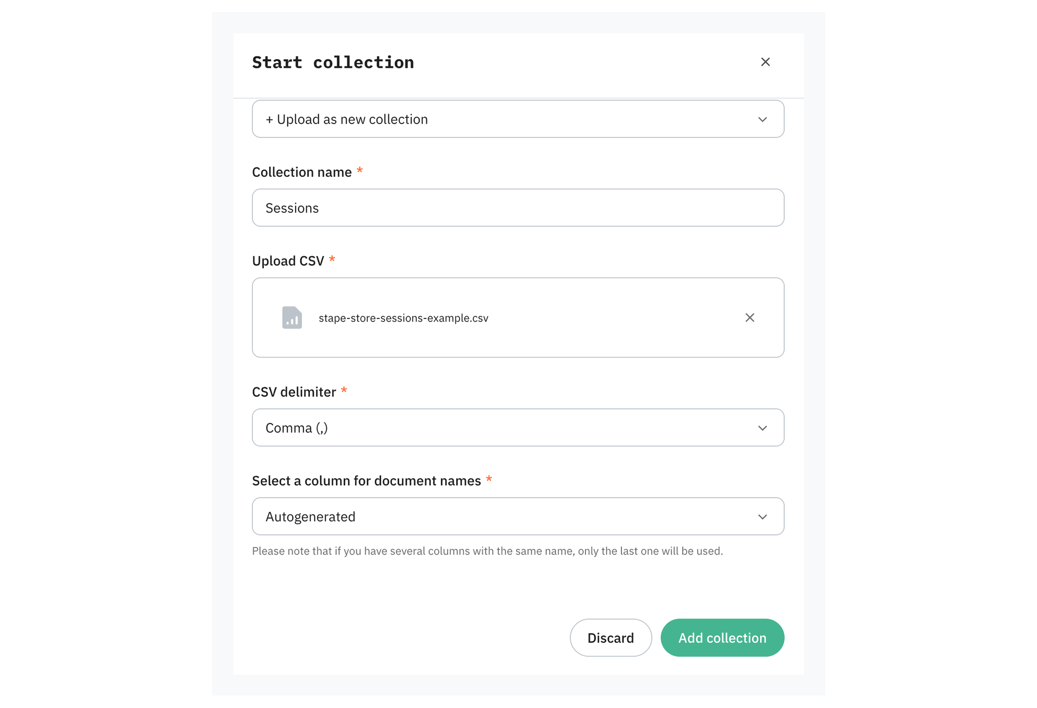 Filled out Start collection pop-up