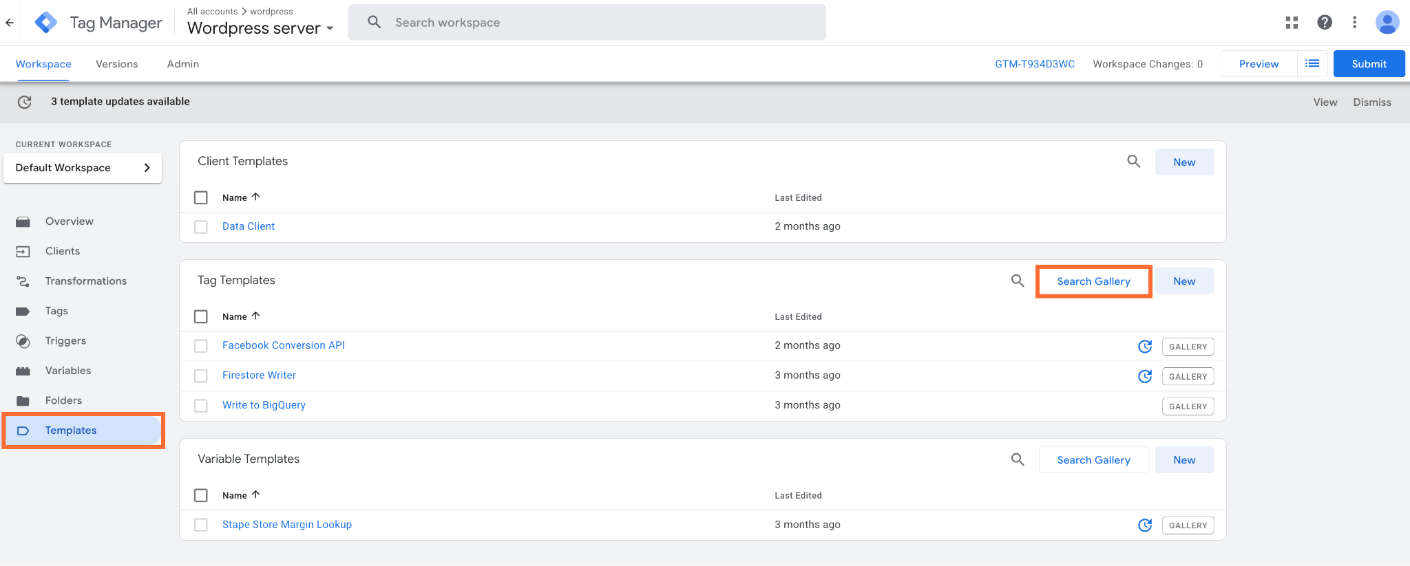 Search Gallery in the Tag Templates