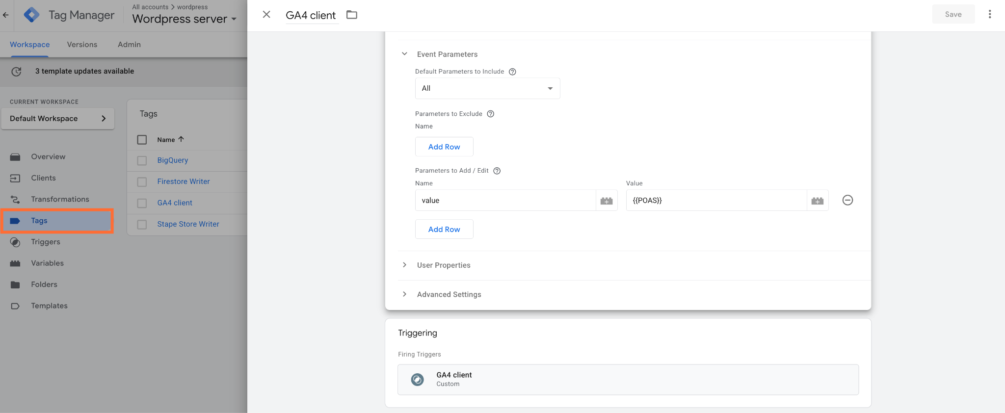 Select the tag you'd like to add your variable to