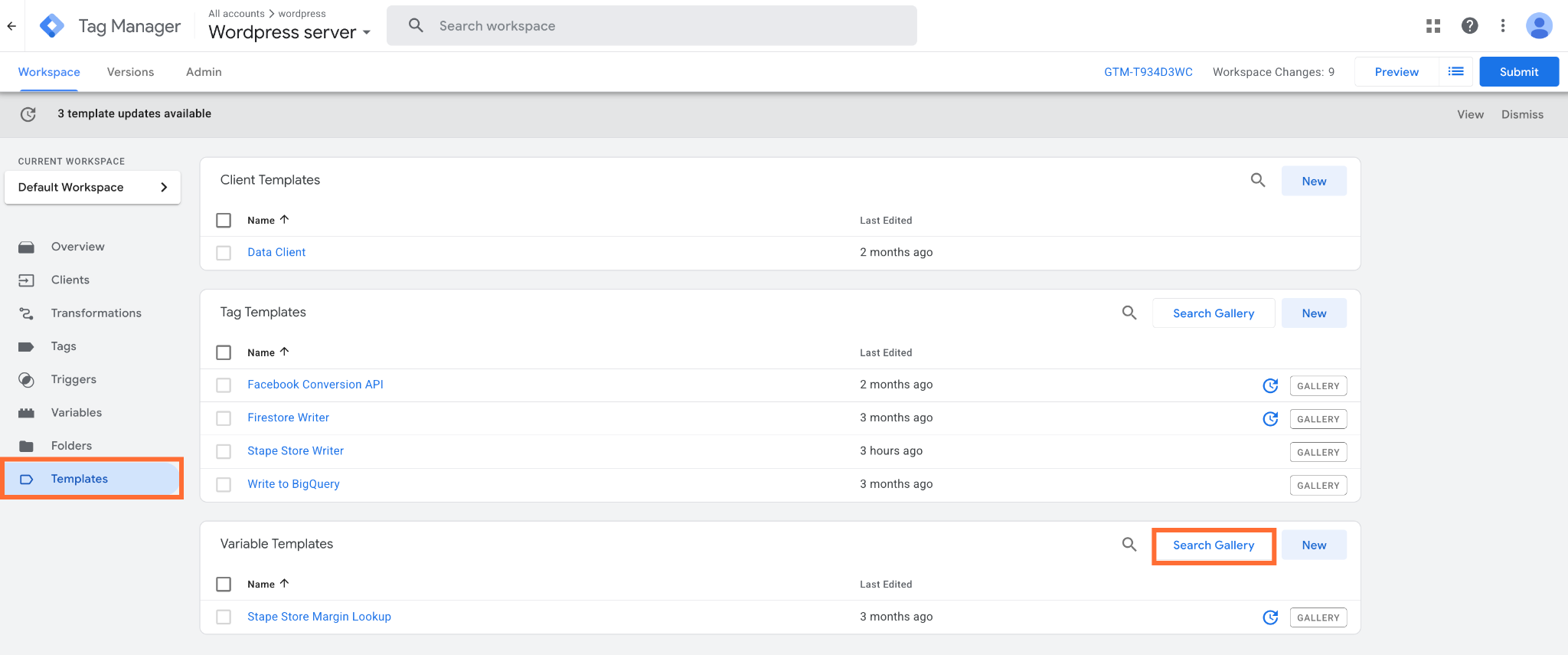 Search Gallery in the Tag Templates