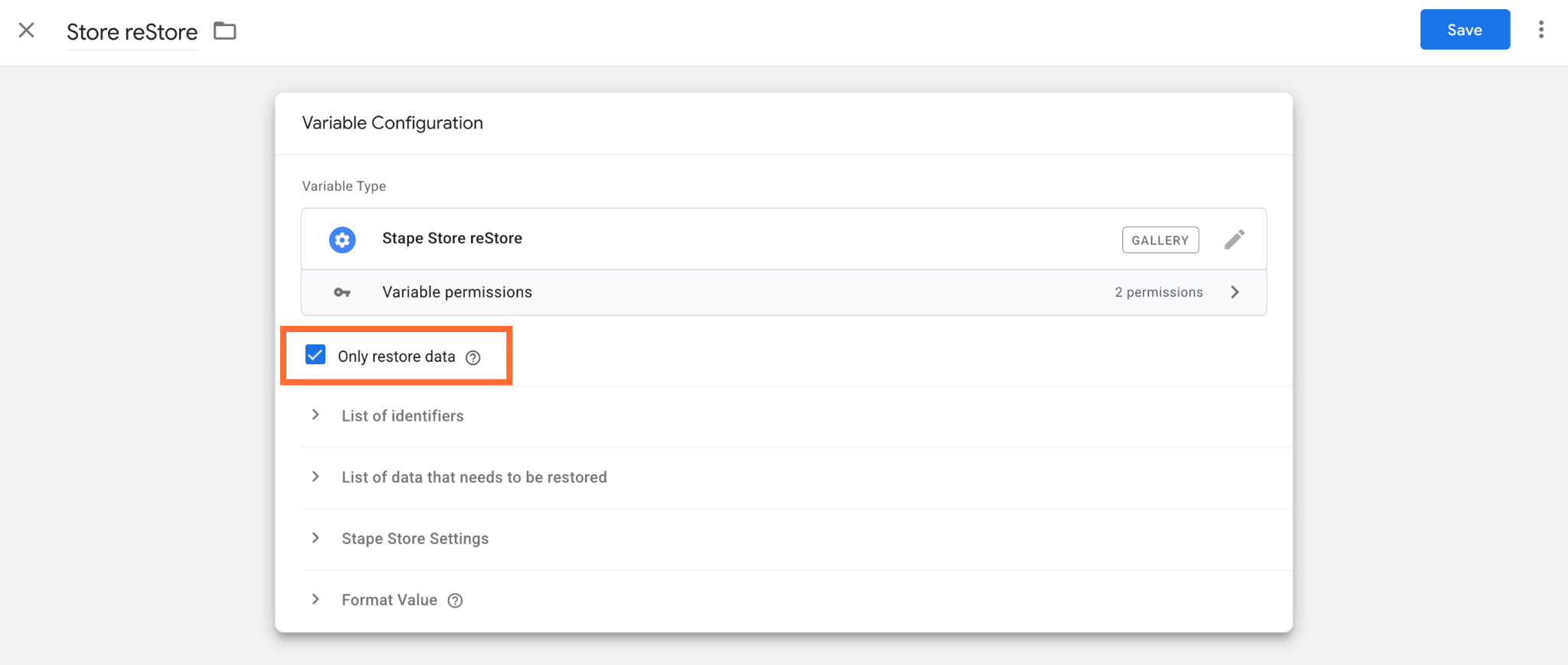 Only restore data checkbox