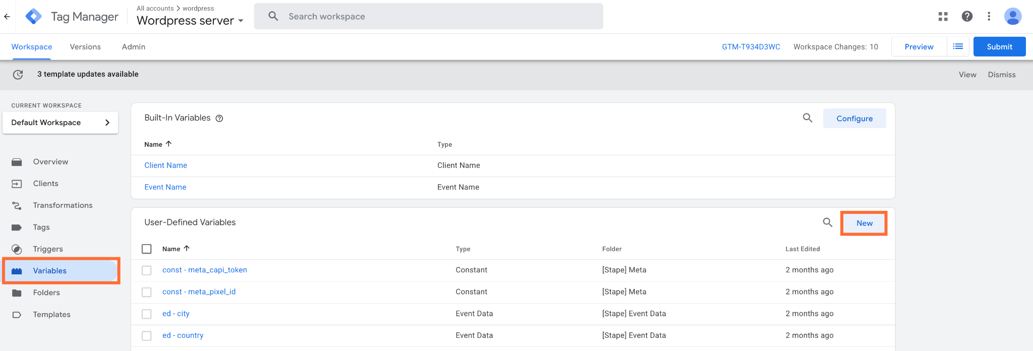 Variables menu
