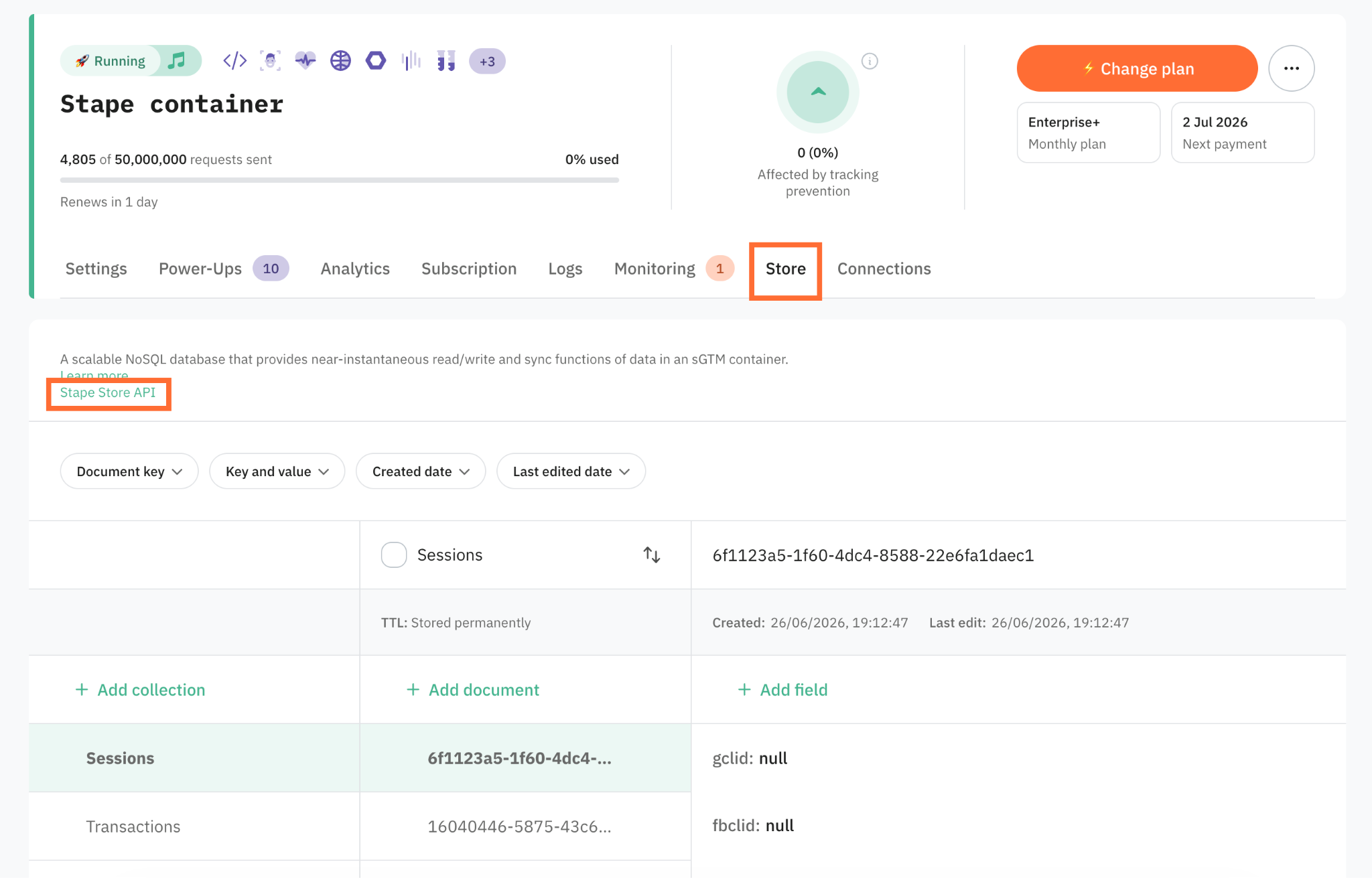 Stape Store API link in the Stape Store dashboard