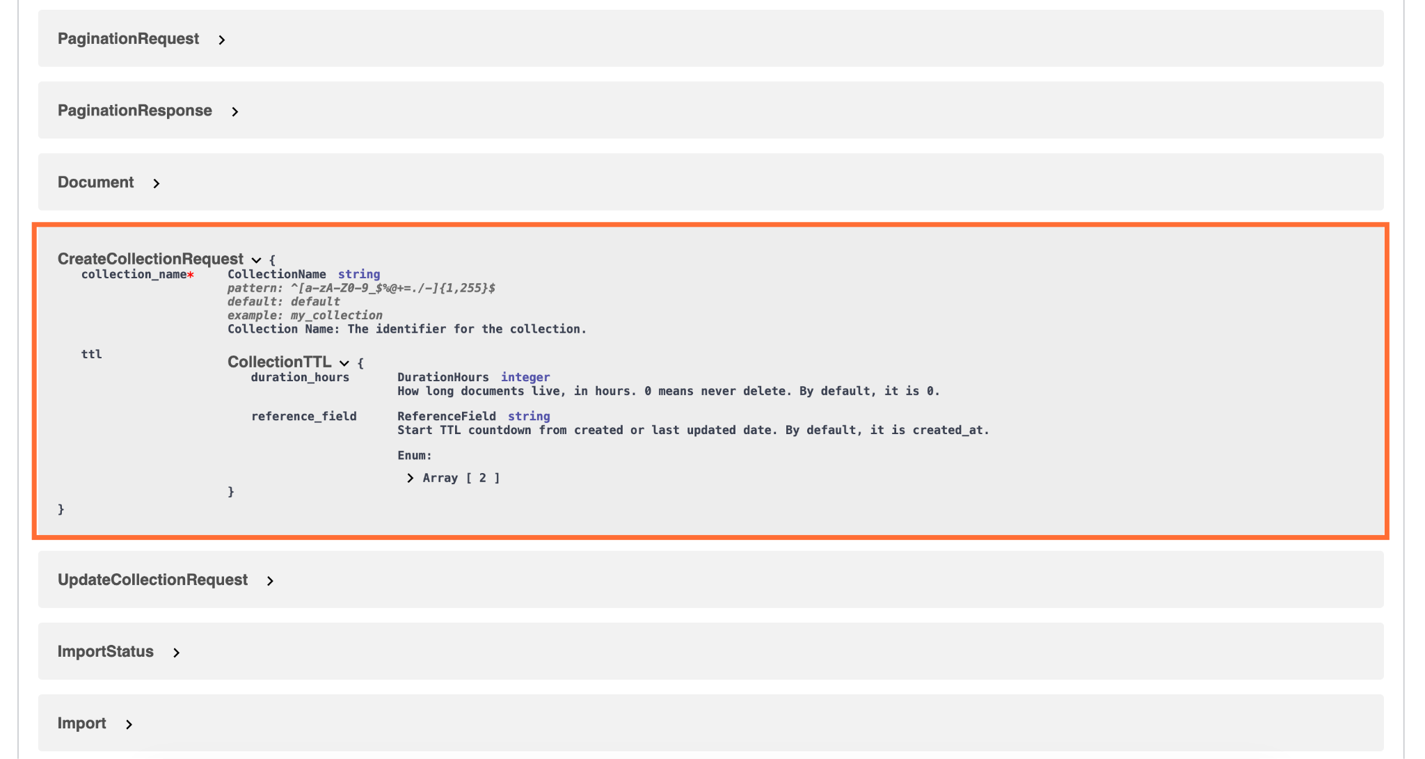 Additional information in CreateCollectionRequest schema