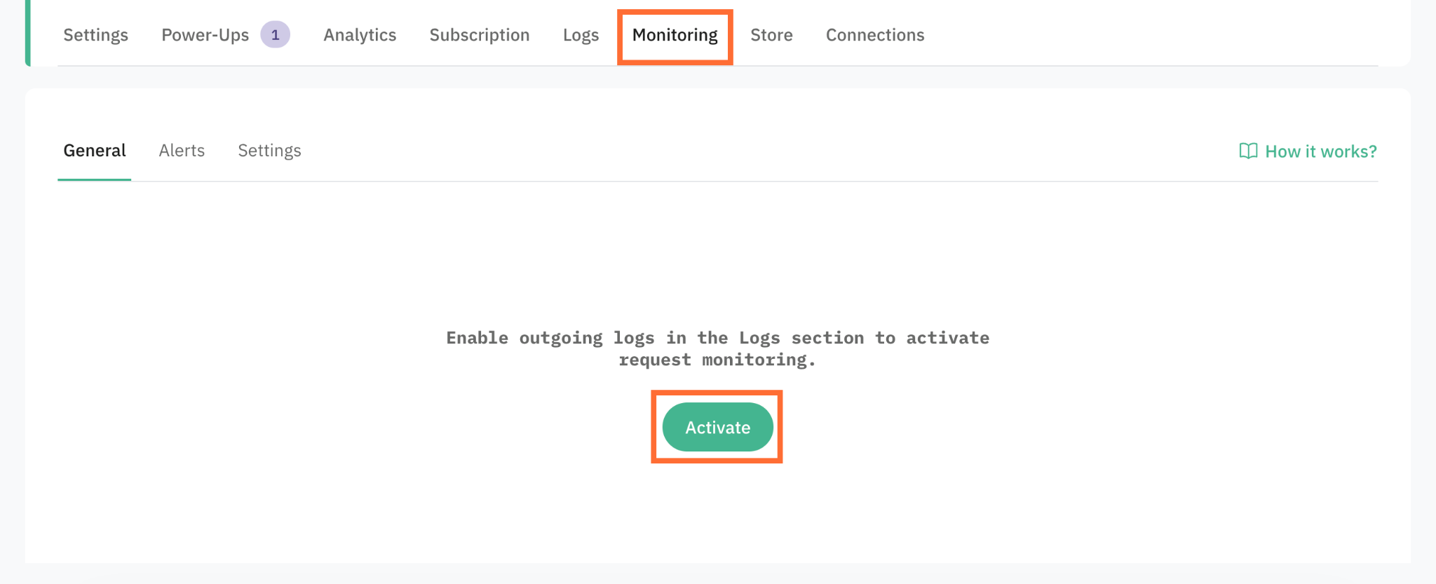 Click on the Monitoring tab. You’ll be asked to enable the outgoing logs, click Activate.