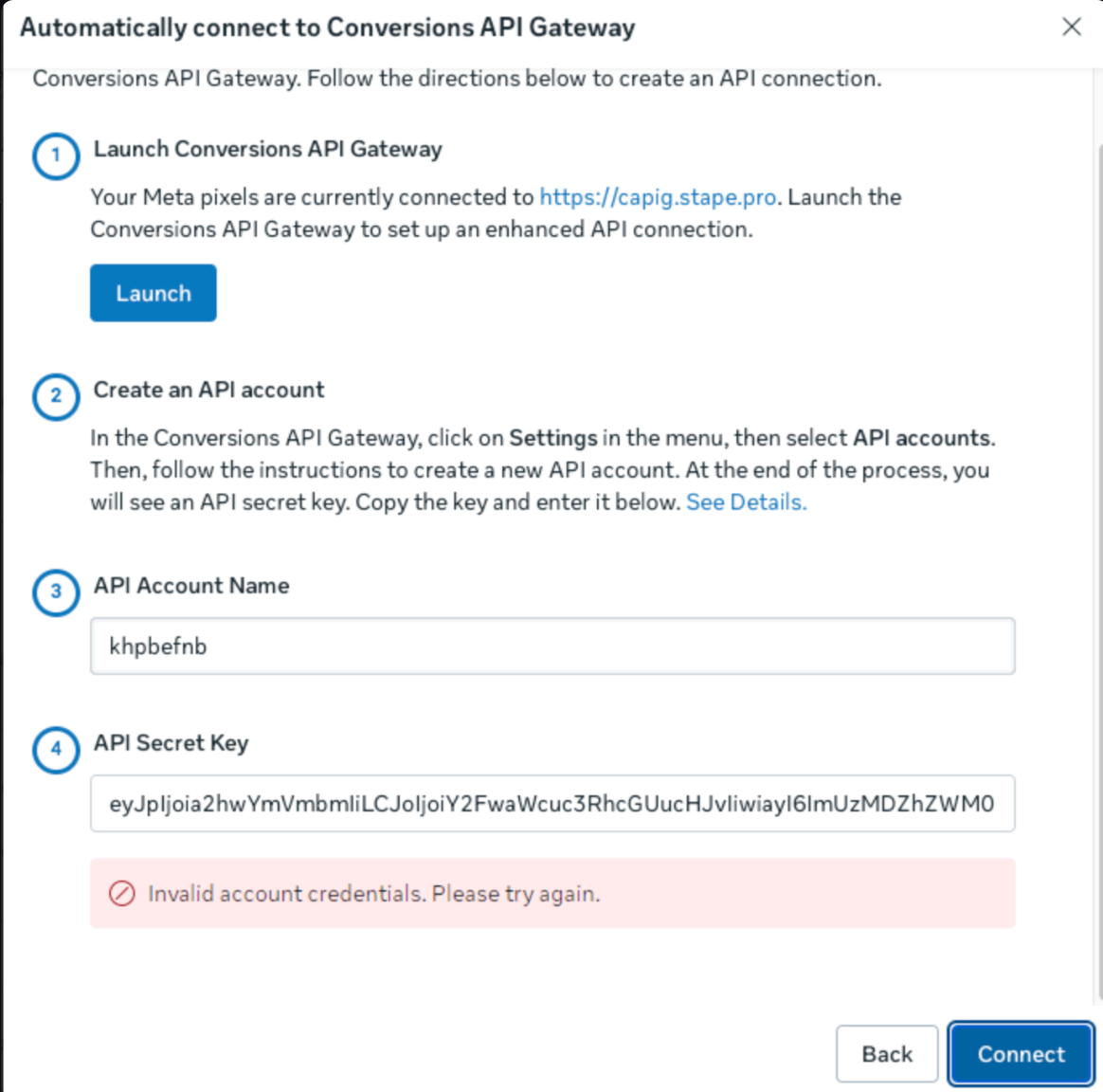 Invalid account credentials