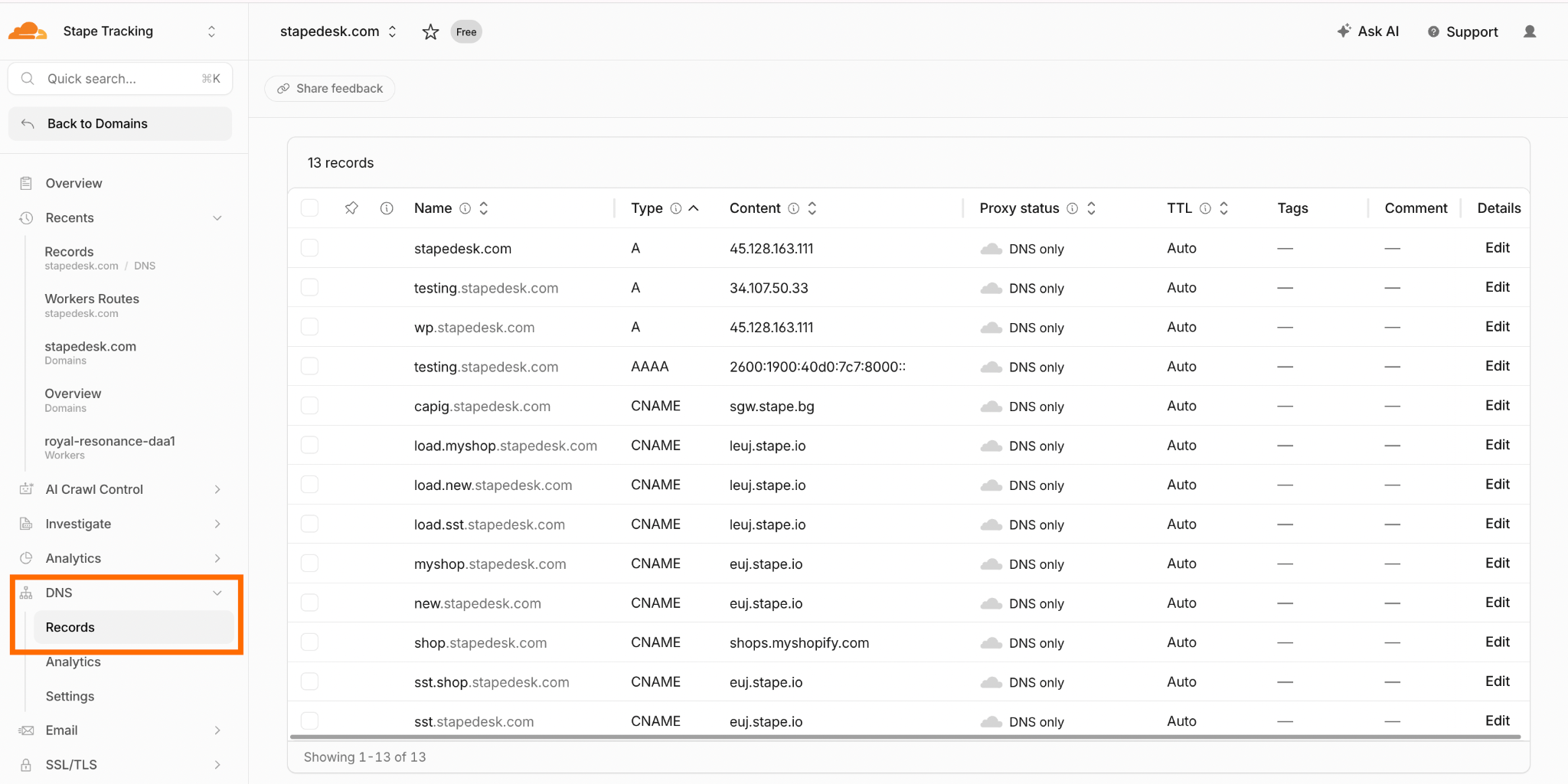 Navigate to DNS → Records