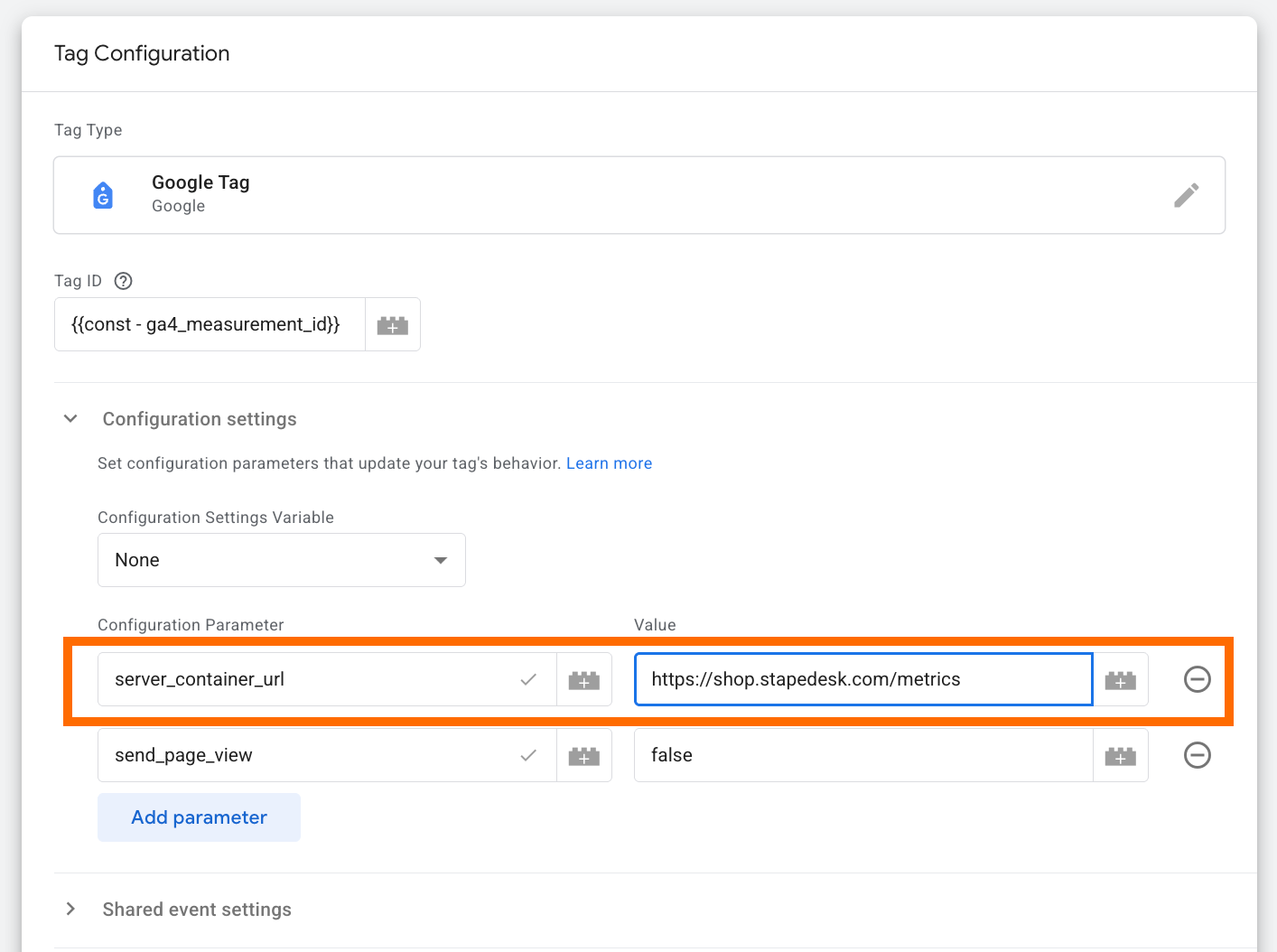 Aggiungere l'URL del contenitore server nel GTM web e server