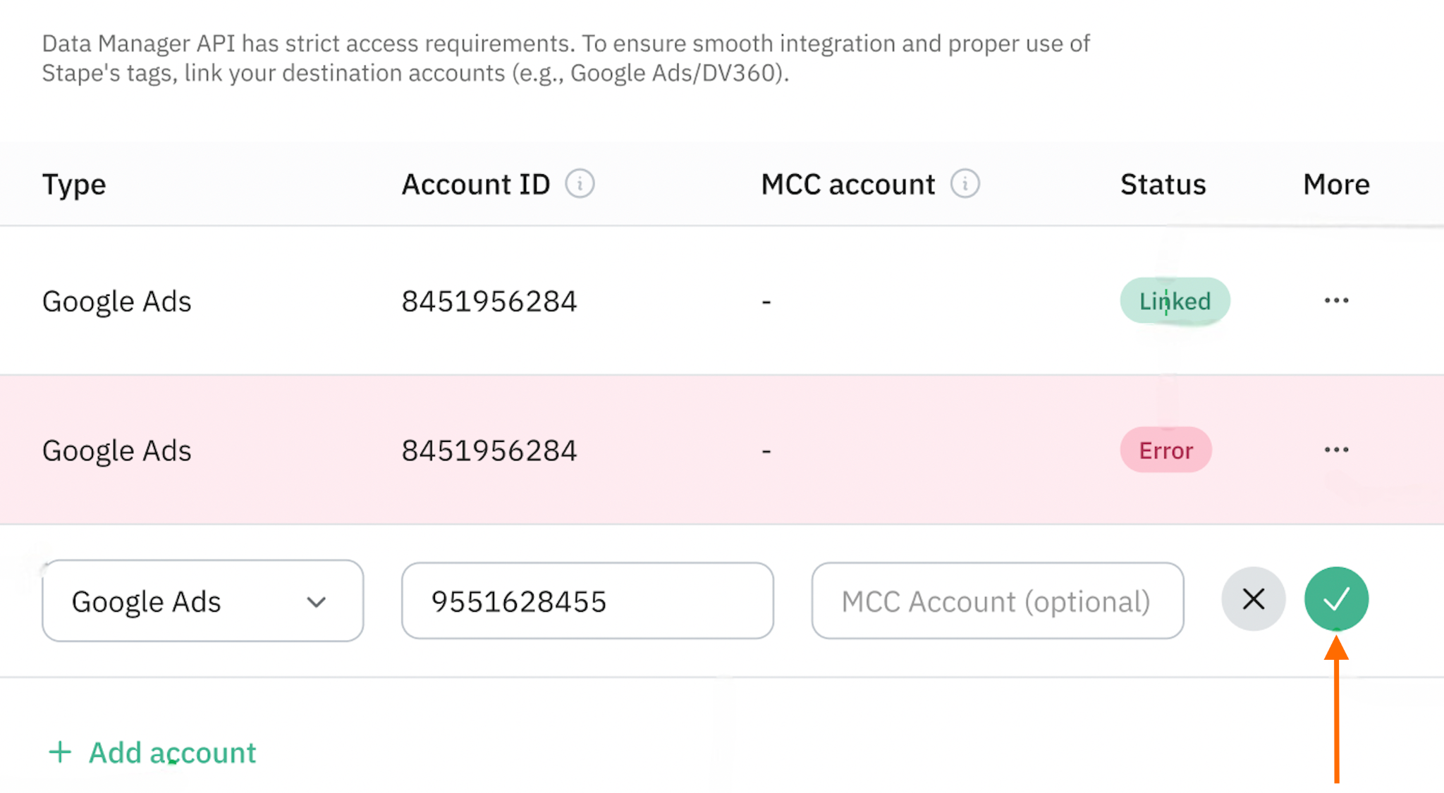 Click on the green checkmark to submit the account