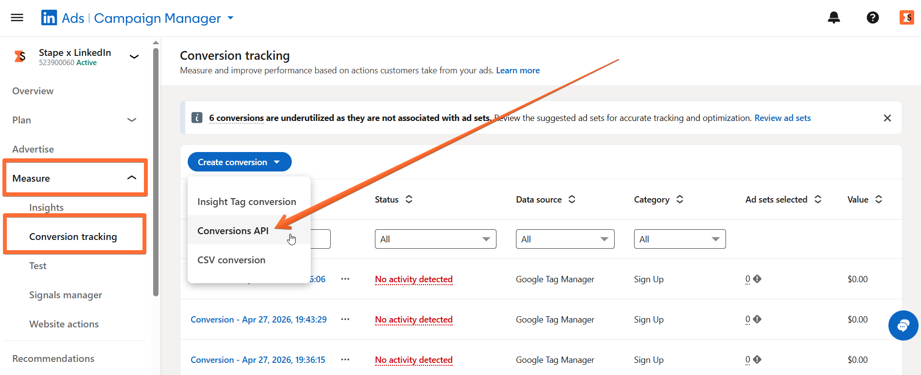 Choose Conversions API as your conversion data source