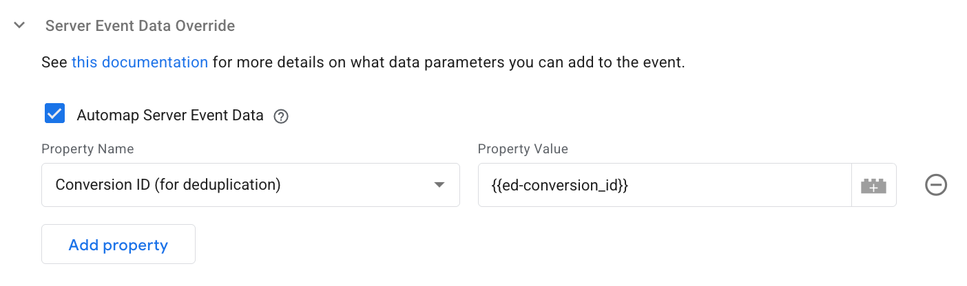 Use the Conversion ID (for deduplication) that can be found in the Server Event Data Override to send the deduplication key in the server GTM tag.