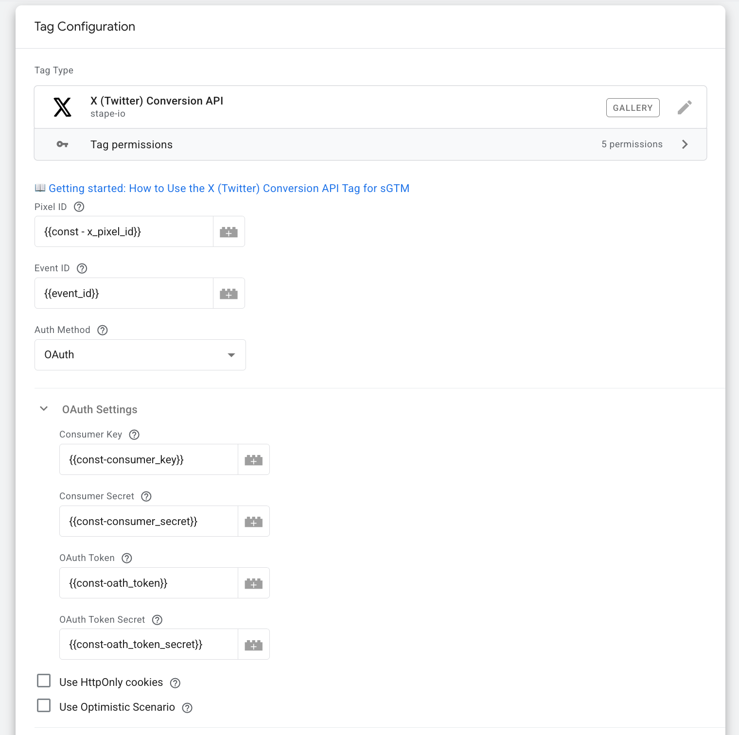 Here is an example of tag configuration with OAuth method