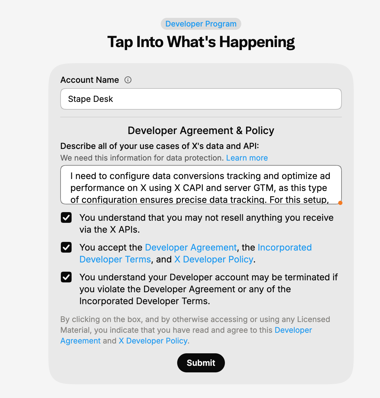 Come up with an account name, and describe the use cases of X’s data and API.