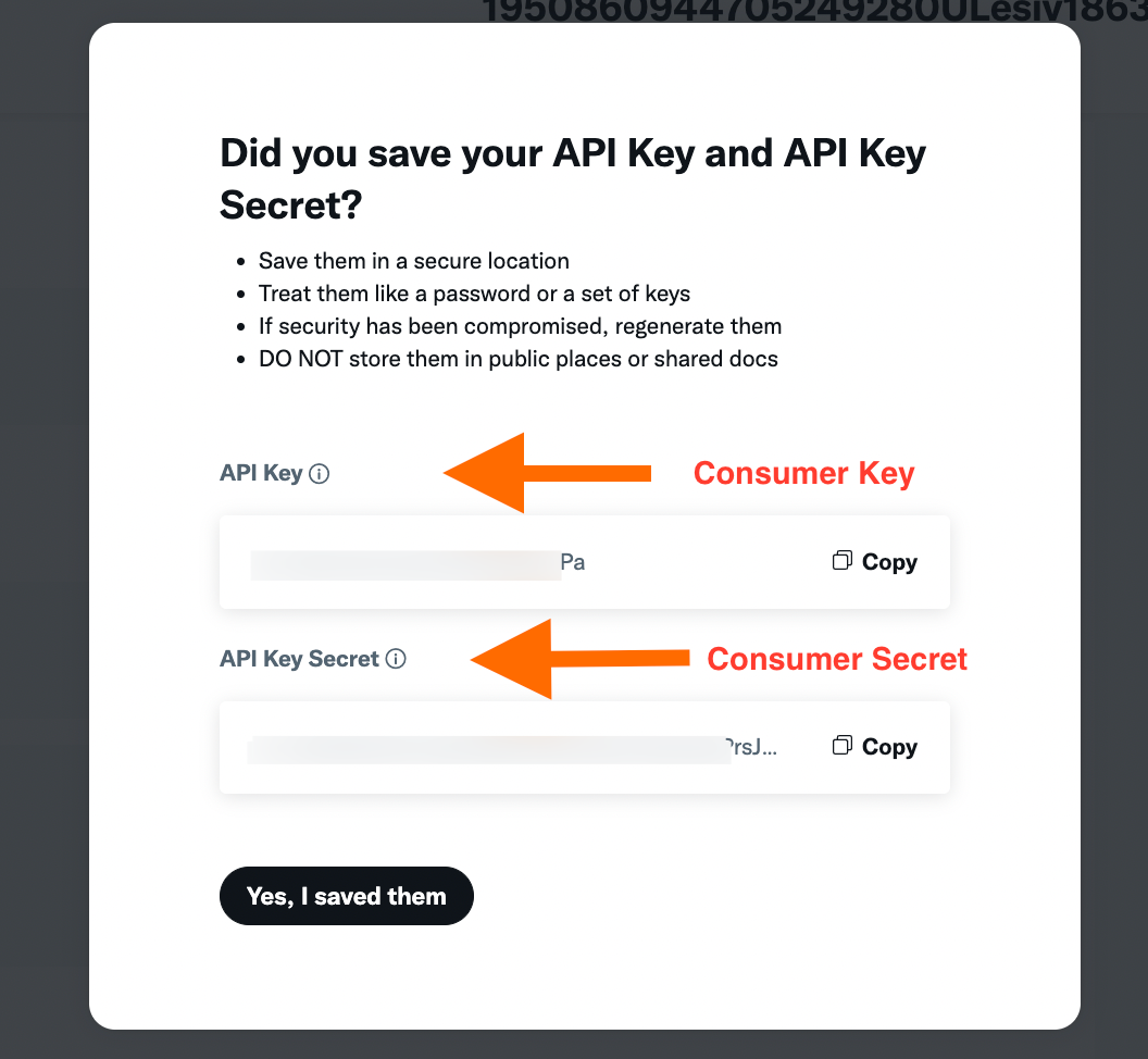 Copy the generated keys and paste them into the tag configuration. The first value stands for “Consumer Key” and the second for “Consumer Secret”.