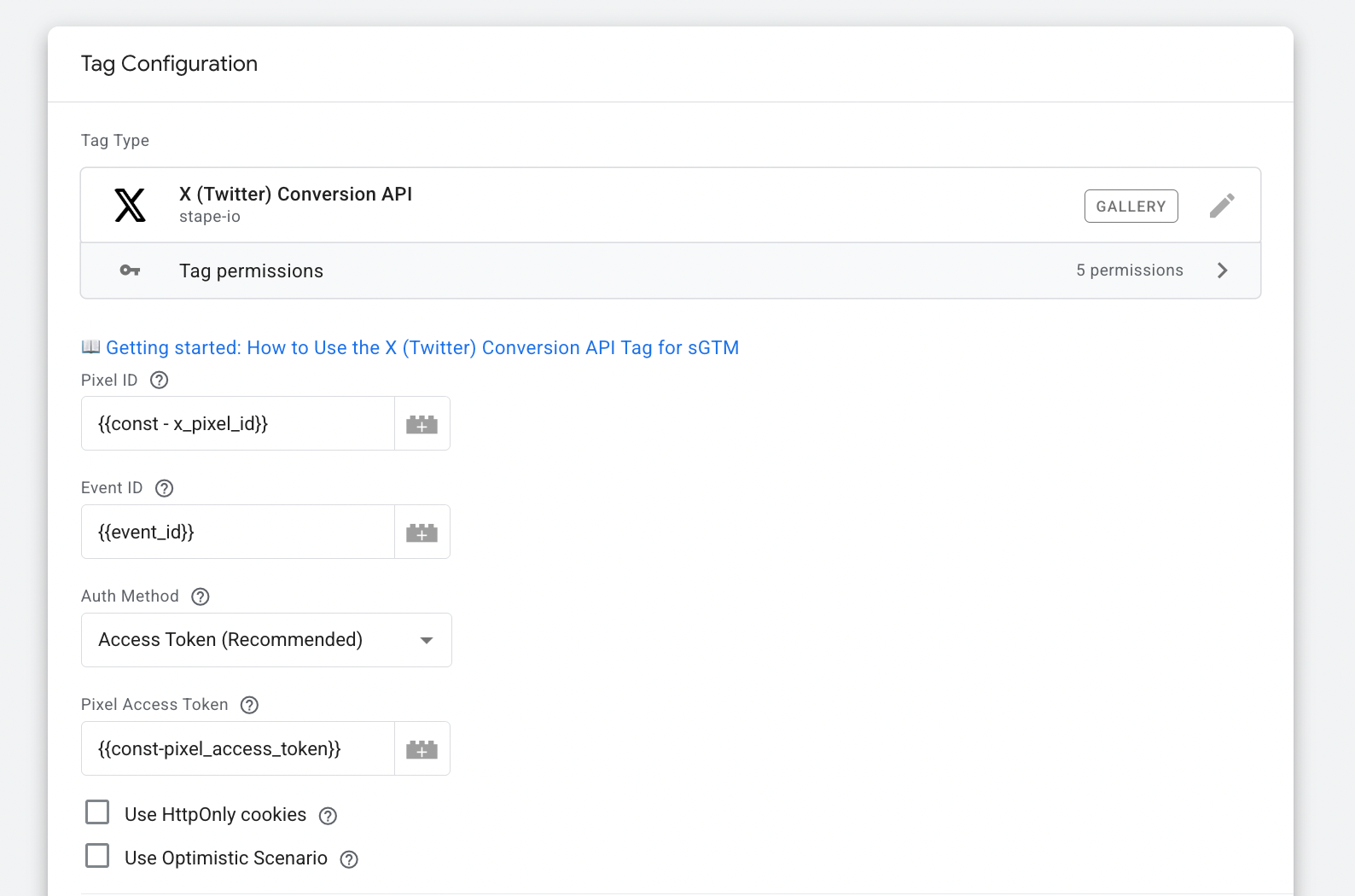 Here is an example of tag configuration with Access Token as auth method
