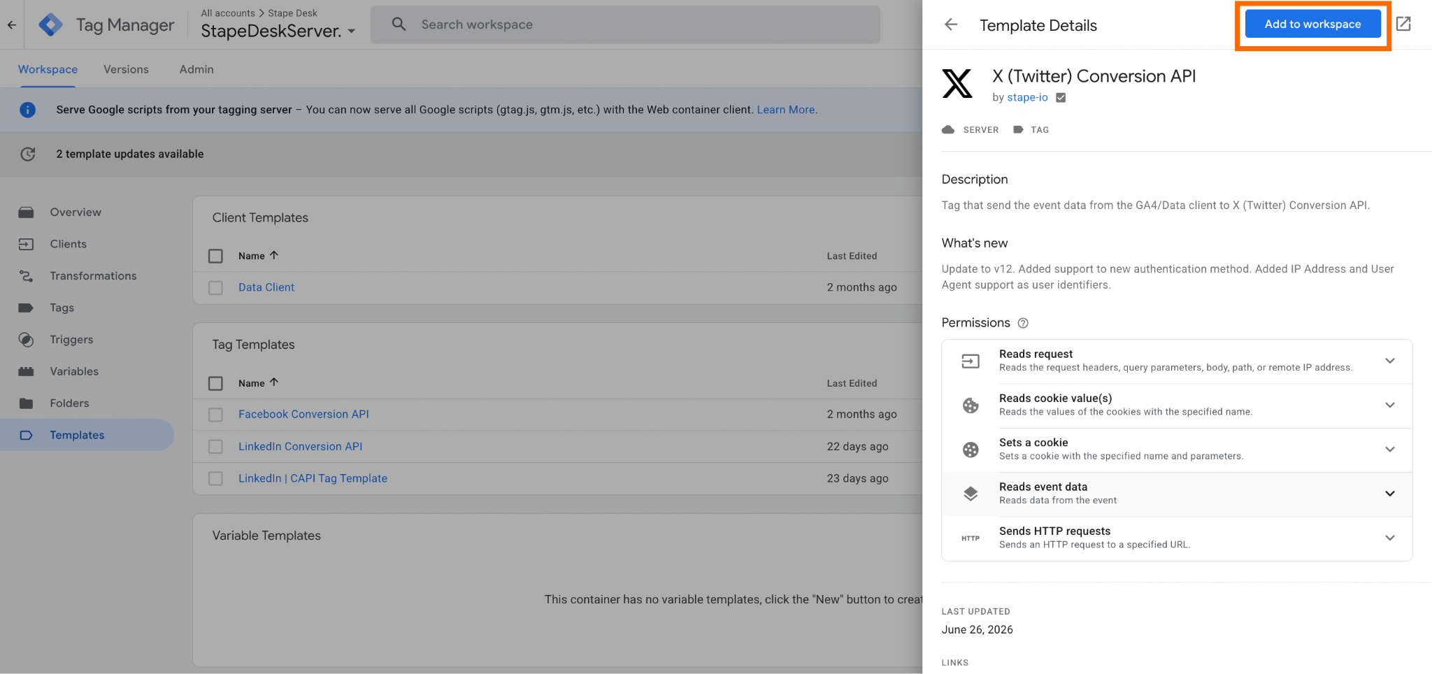 Add “X (Twitter) Conversion API tag” to the server GTM container.