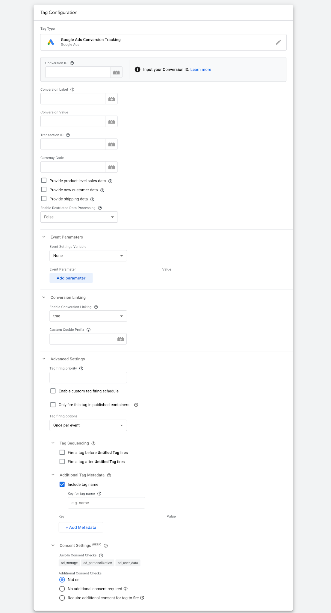 Google Ads Conversion Tracking tag form to fill out