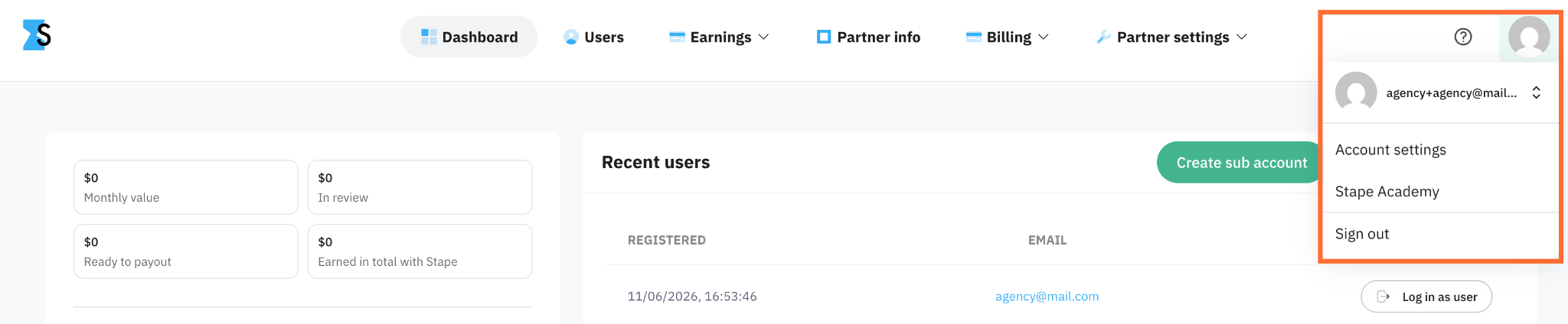 Account menu