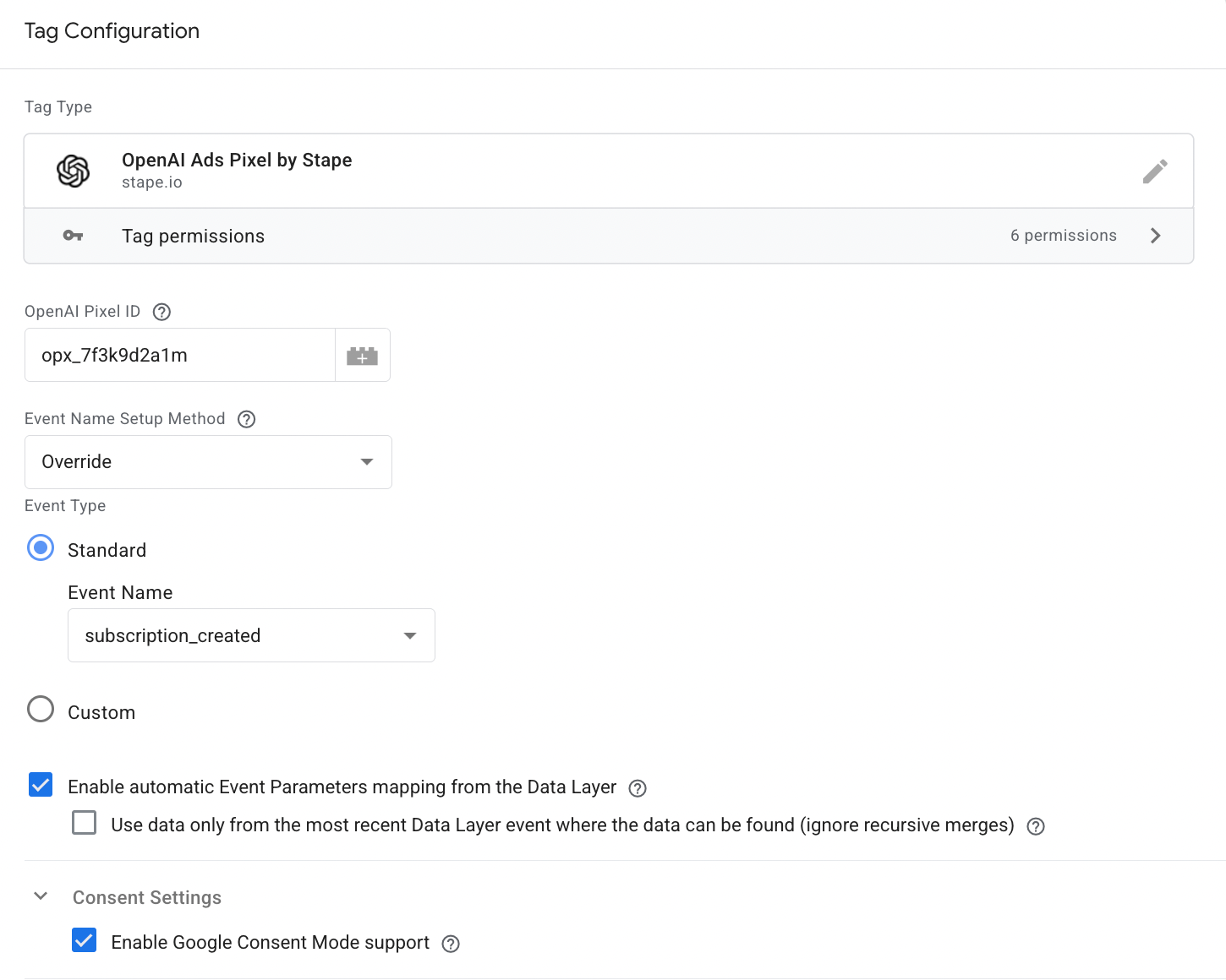 example of tag configuration
