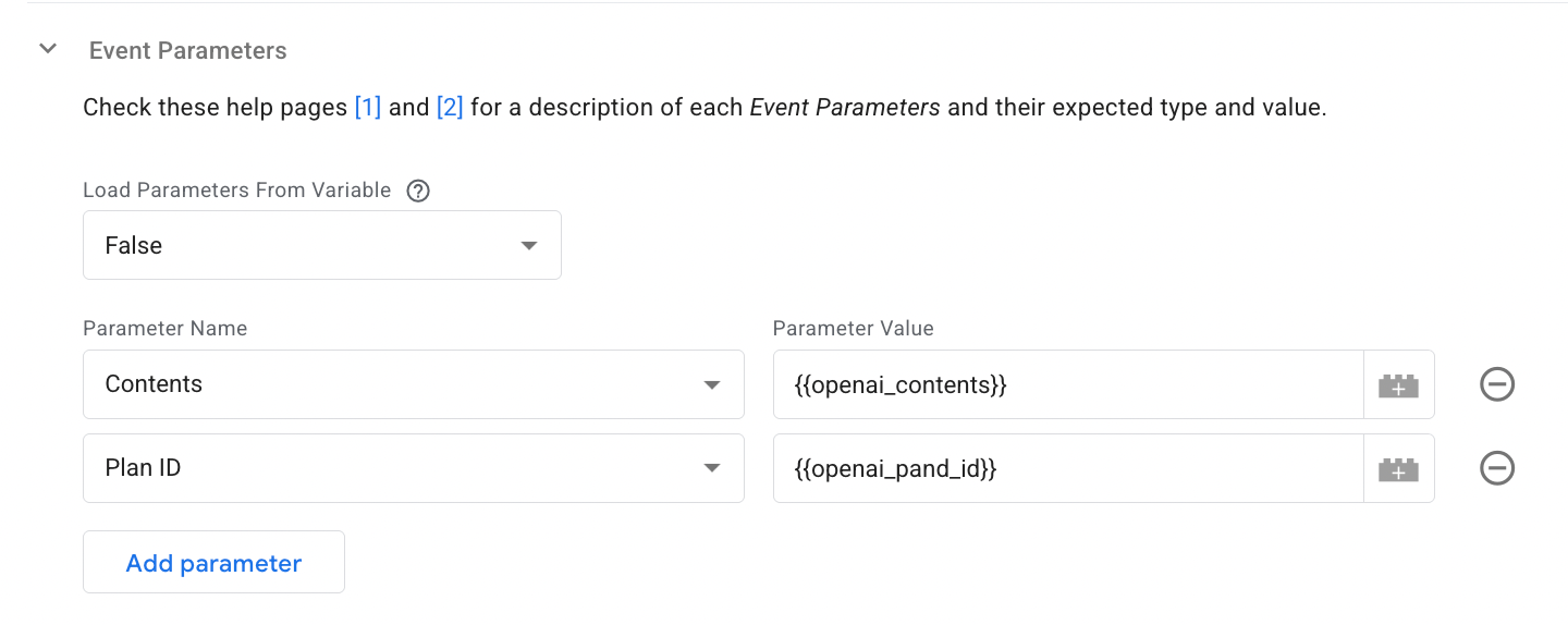 Event parameters section