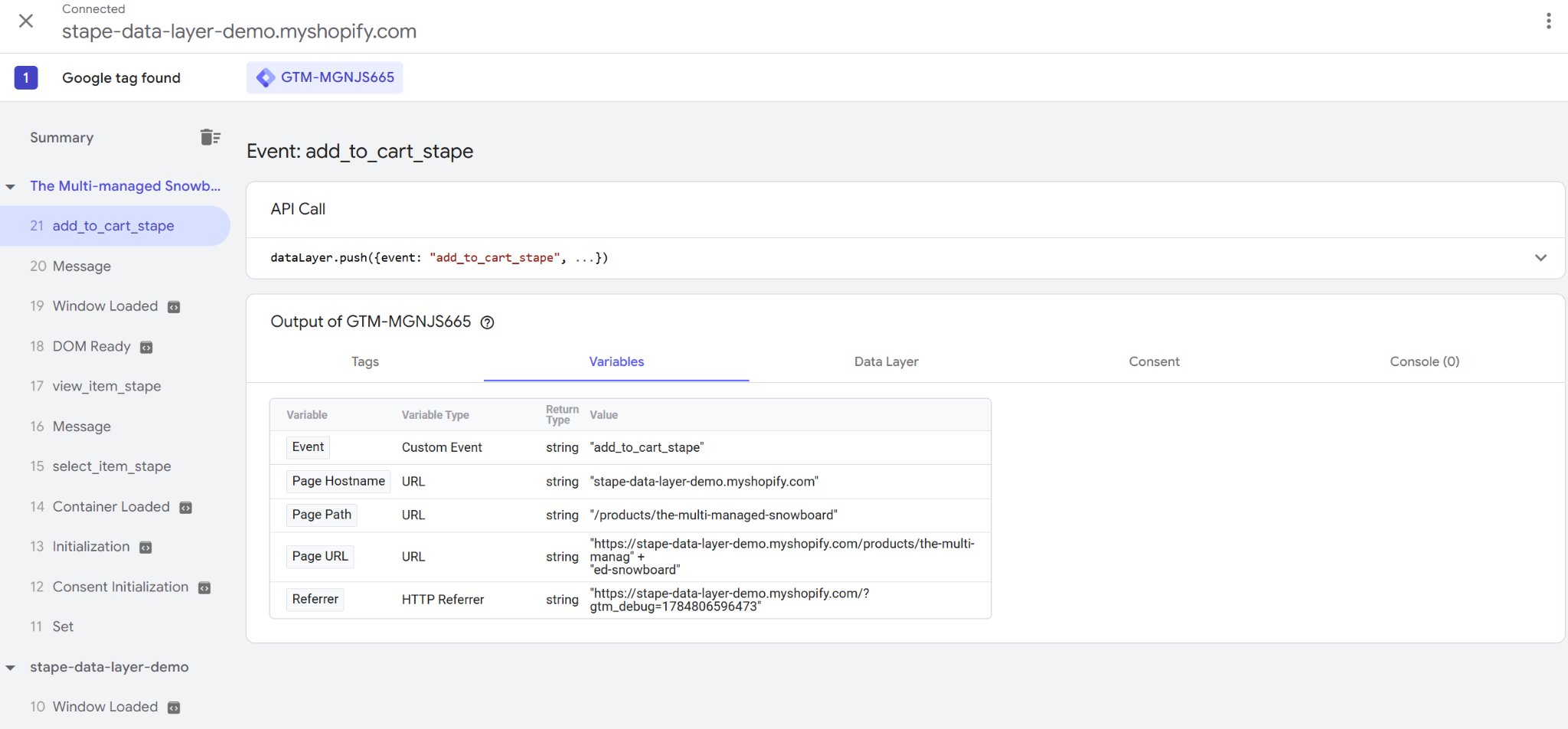 An example of data layer push via Stape Conversion Tracking app