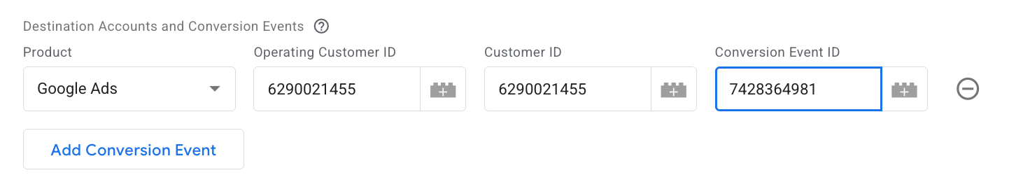 Here’s an example of Destination Accounts and Conversion Events configuration within the tag