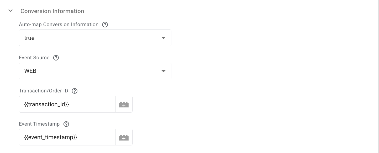 The Conversion Information section includes the core details of the conversion you need to send.