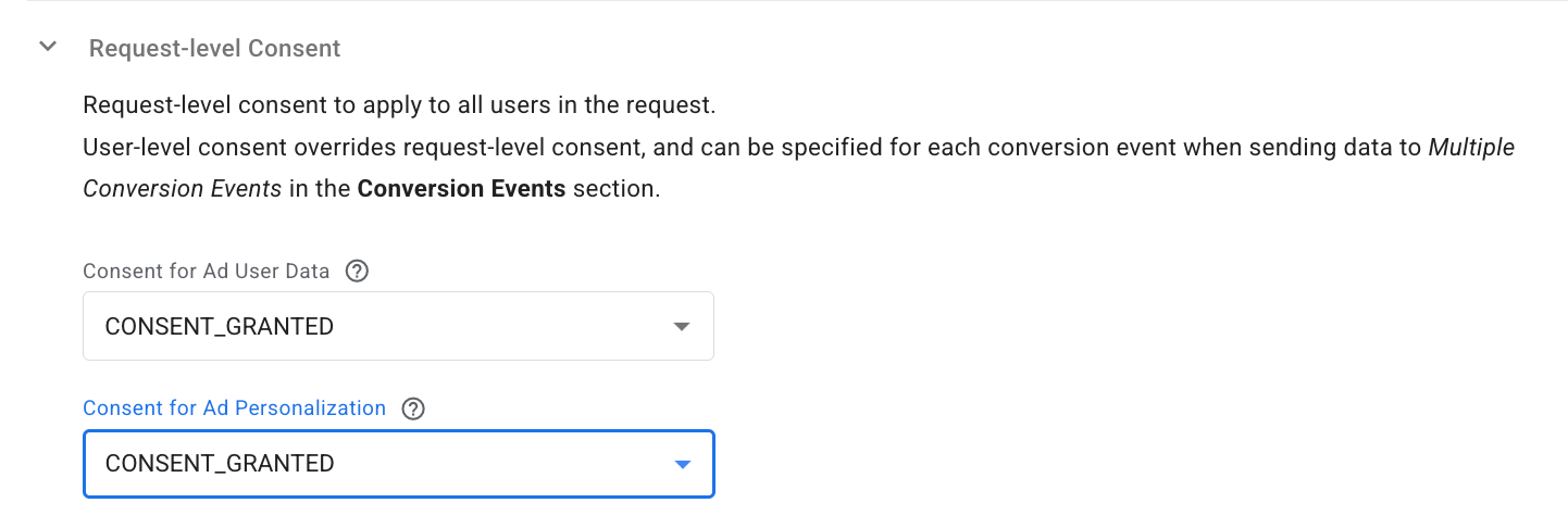 Request-level consent - define consent states for Ad User Data and Ad Personalization