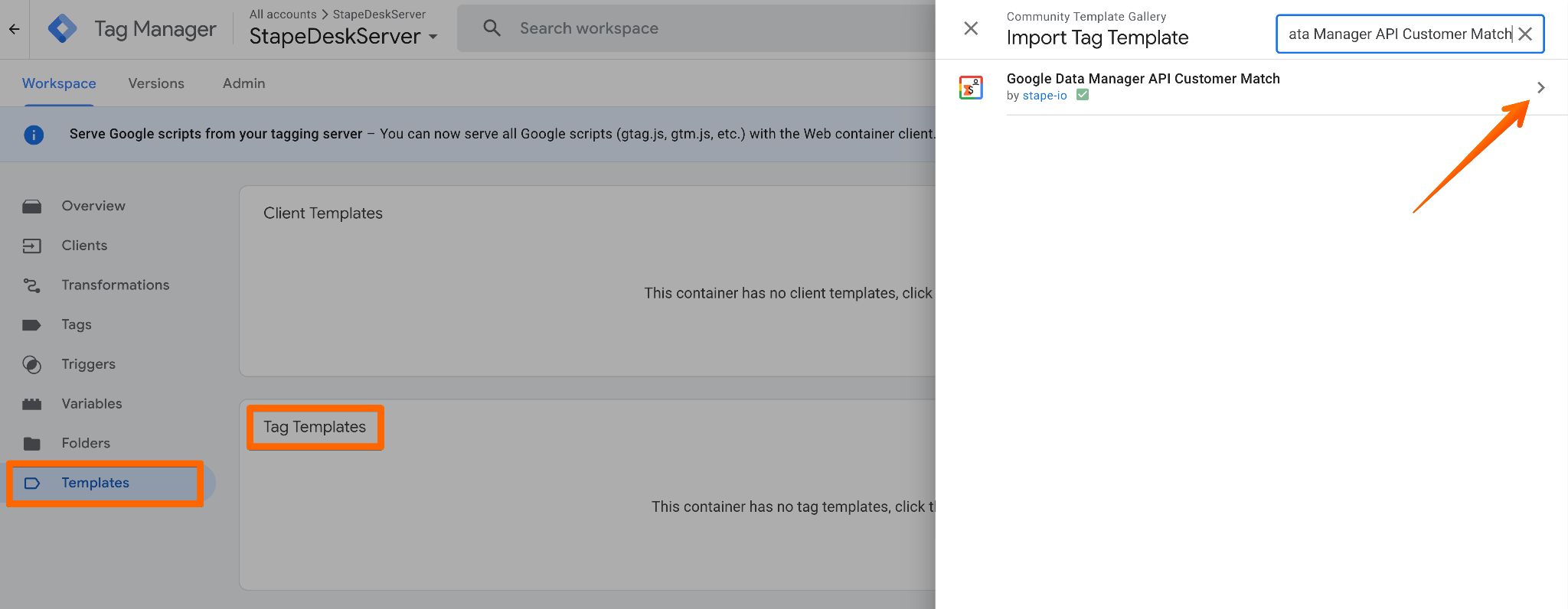 Find Google Data Manager API Customer Match and click Add to Workspace