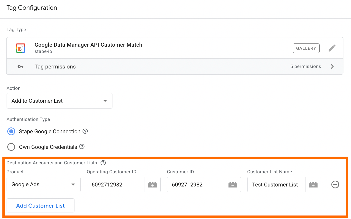 Customer List Name - specify the customer list to interact with. Only lists created via Stape are supported.