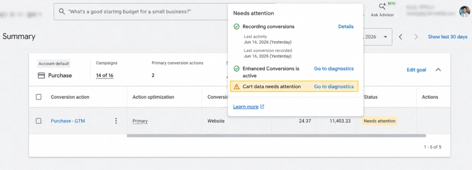 Go to Google Ads → Goals → Purchase goal. You’ll see “Needs attention”, and when you hover over it, it shows “Cart data needs attention”.