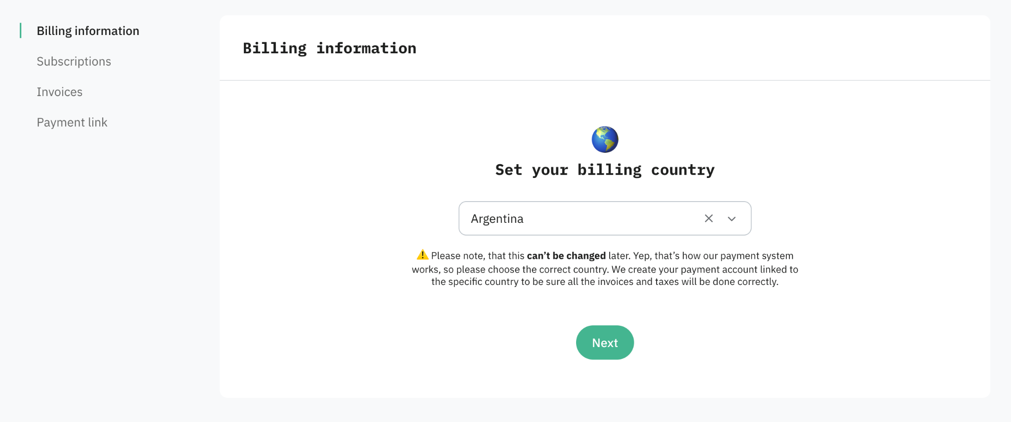 Select your billing country