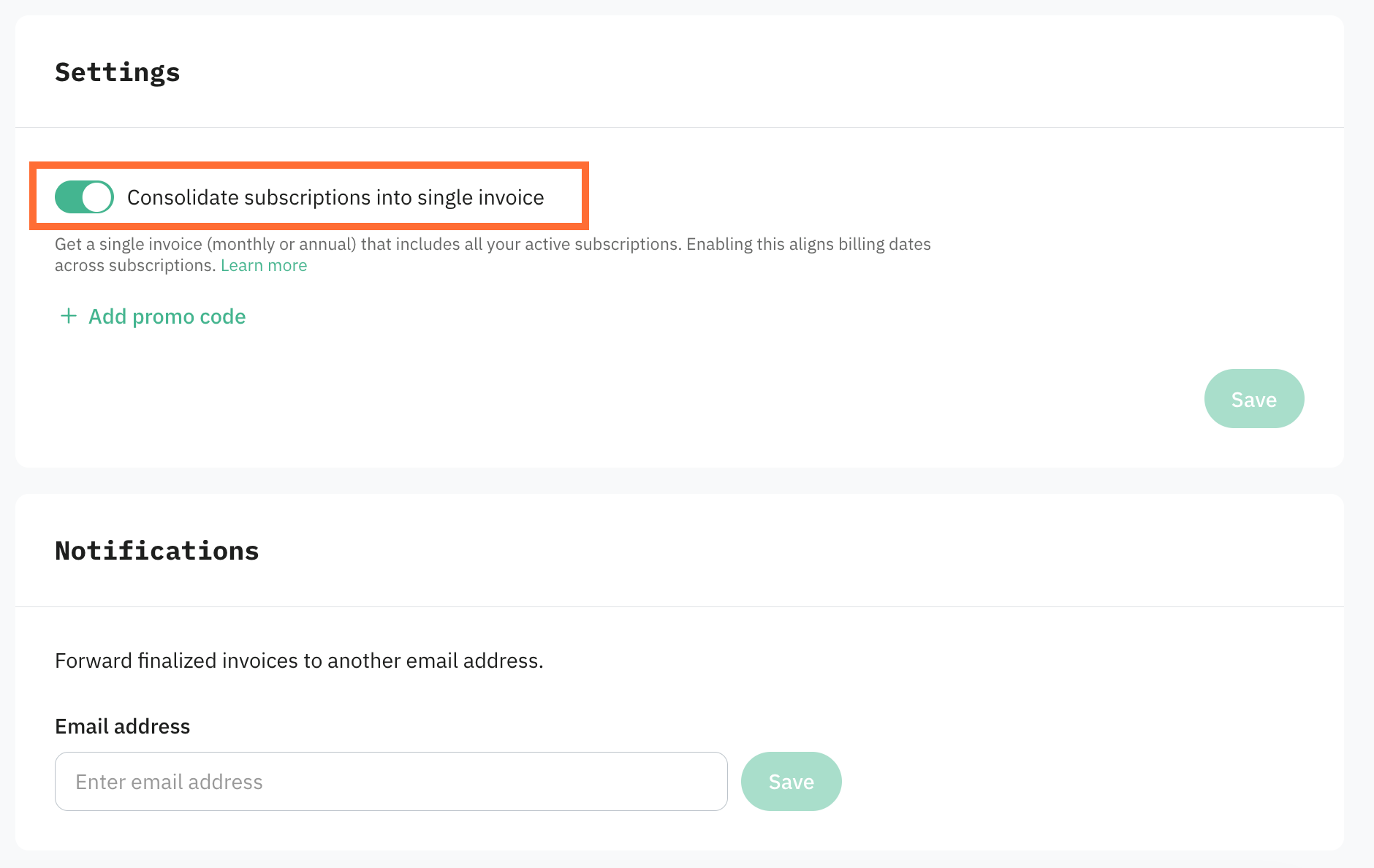 Toggle Consolidate subscriptions into single invoice