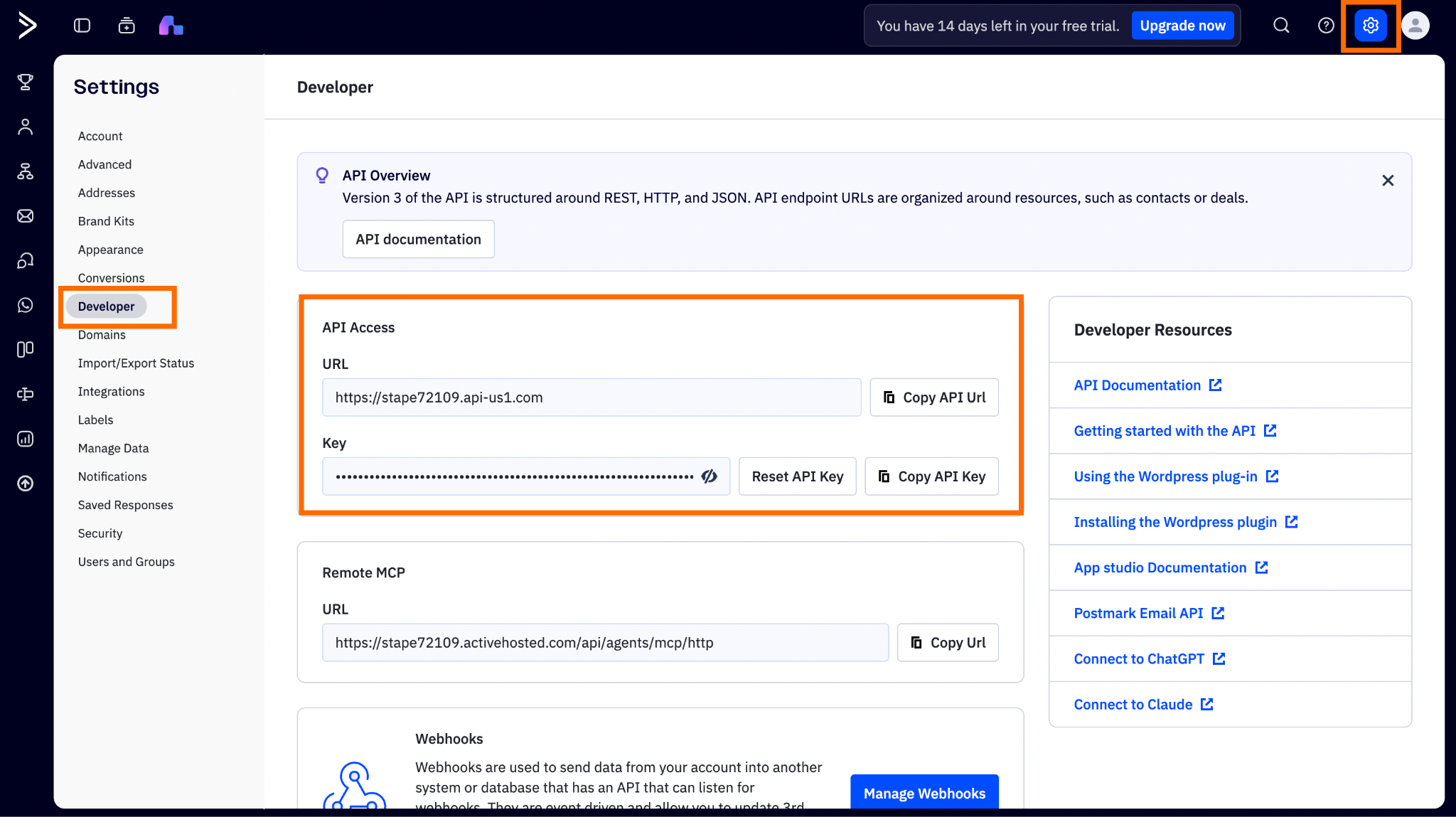 ActiveCampaign API URL and API Key
