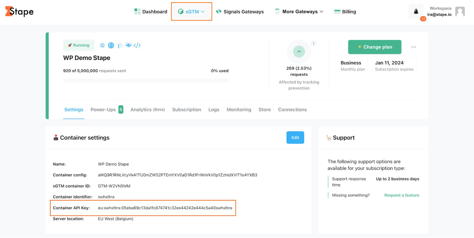 Container API Key in the sGTM settings